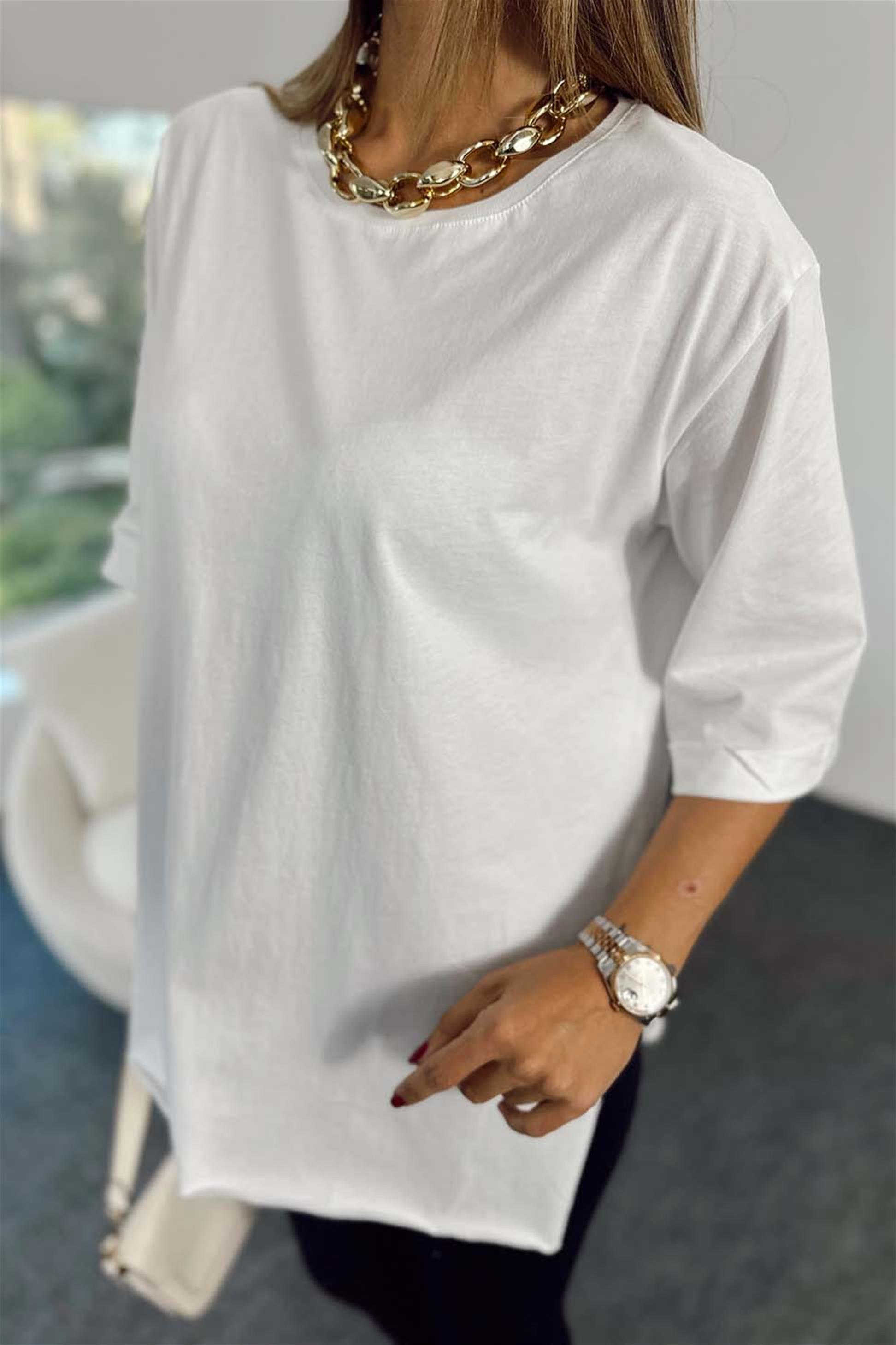 Duble Kol Yırtmaçlı Basic Tişört Beyaz