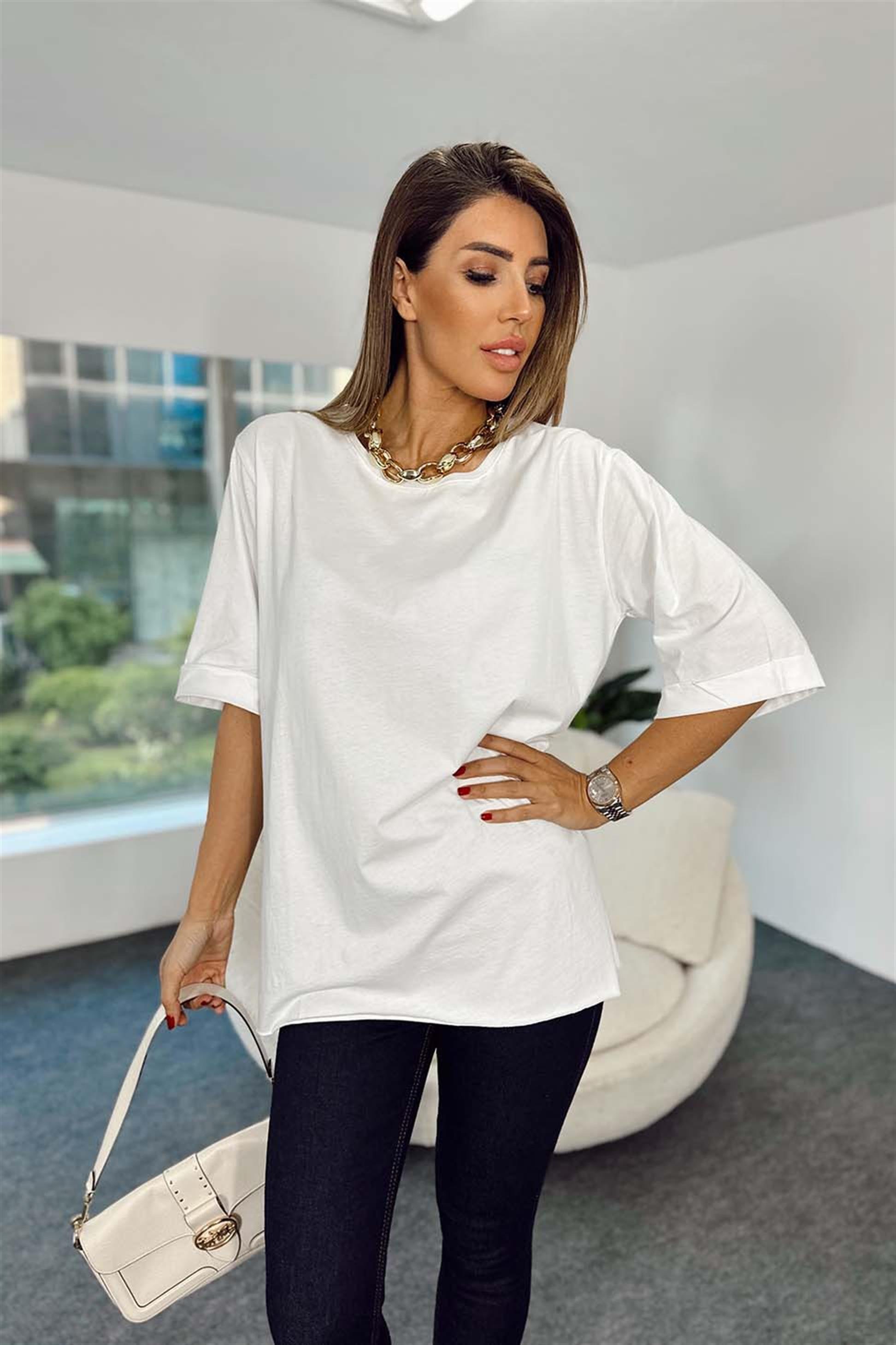 Duble Kol Yırtmaçlı Basic Tişört Beyaz