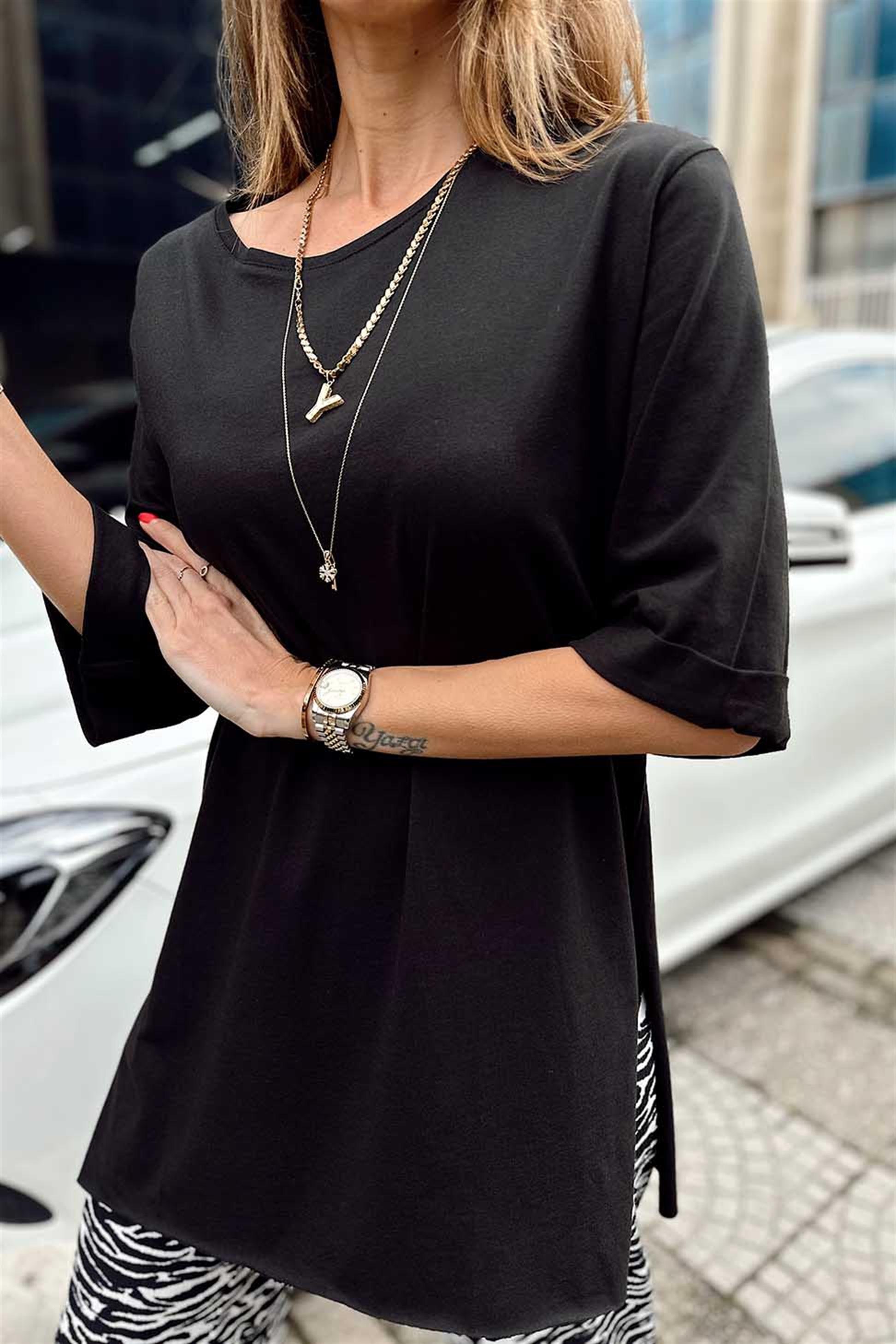 Duble Kol Yırtmaçlı Basic Tişört Siyah