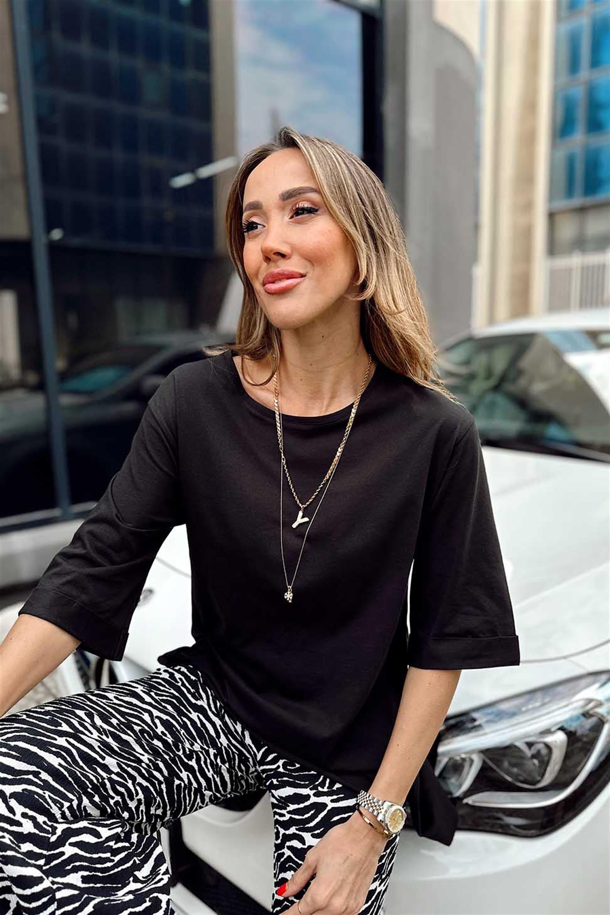 Duble Kol Yırtmaçlı Basic Tişört Siyah