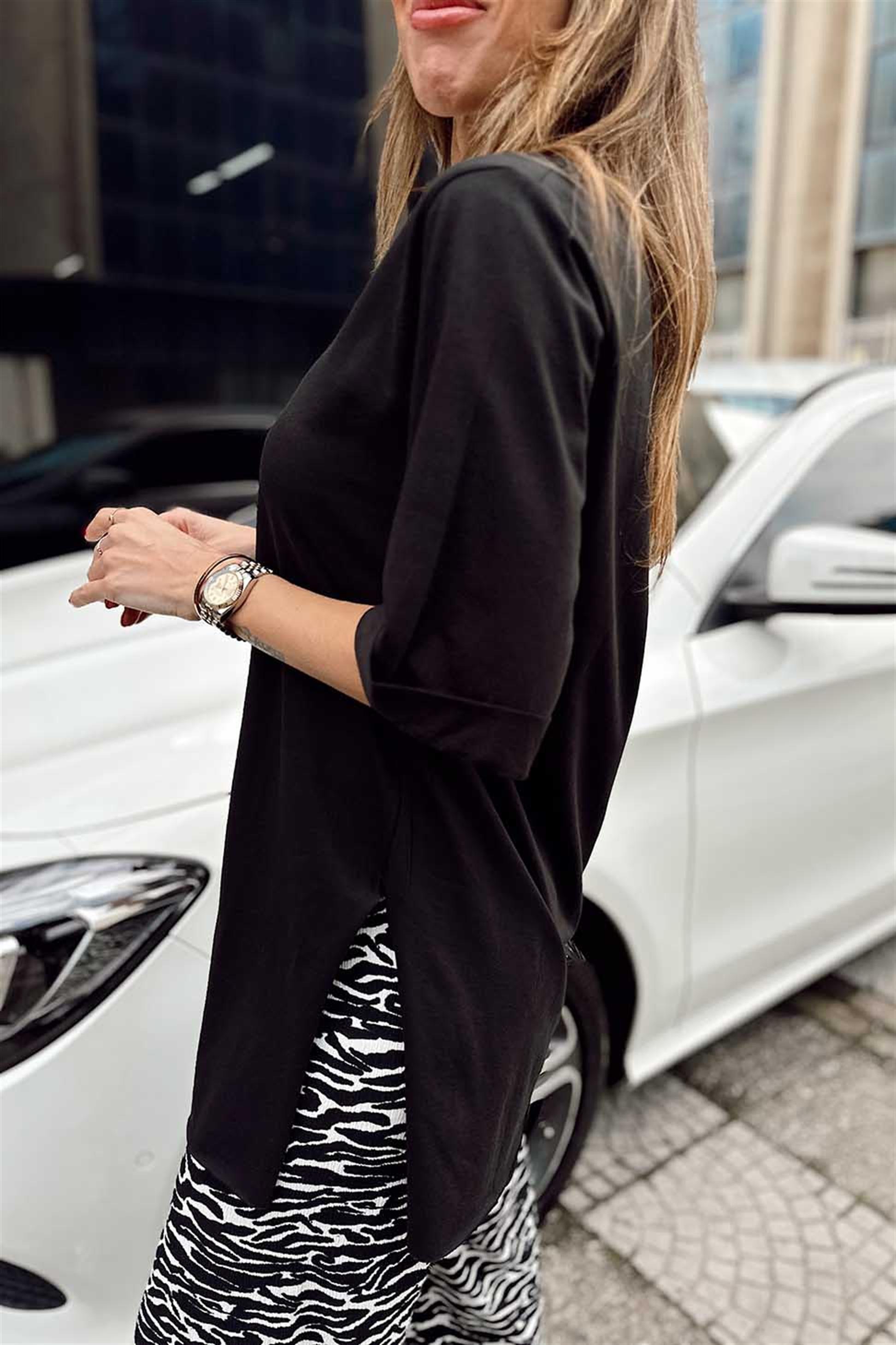 Duble Kol Yırtmaçlı Basic Tişört Siyah