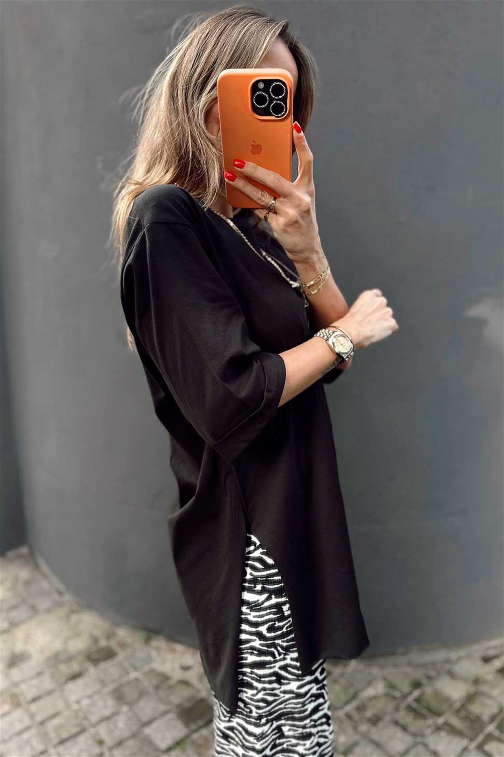 Duble Kol Yırtmaçlı Basic Tişört Siyah