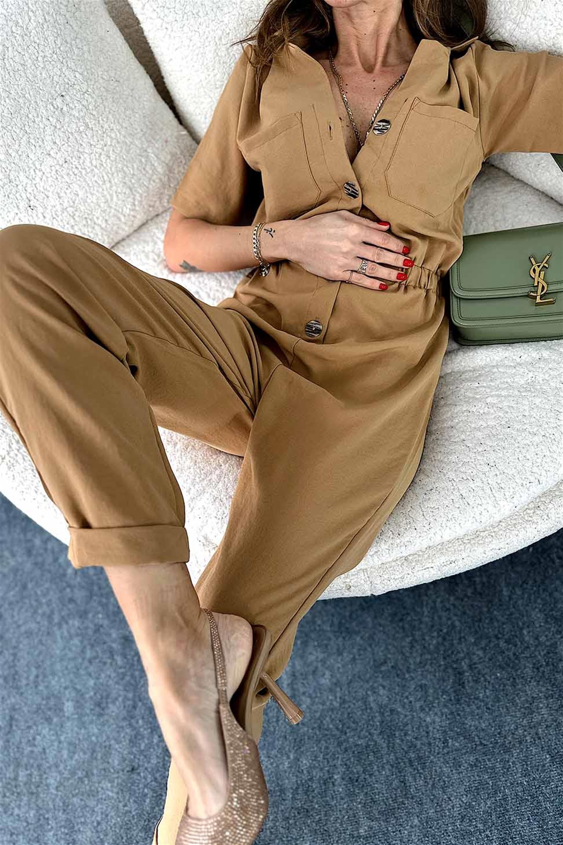 Düğmeli Cep Detay Tulum Camel