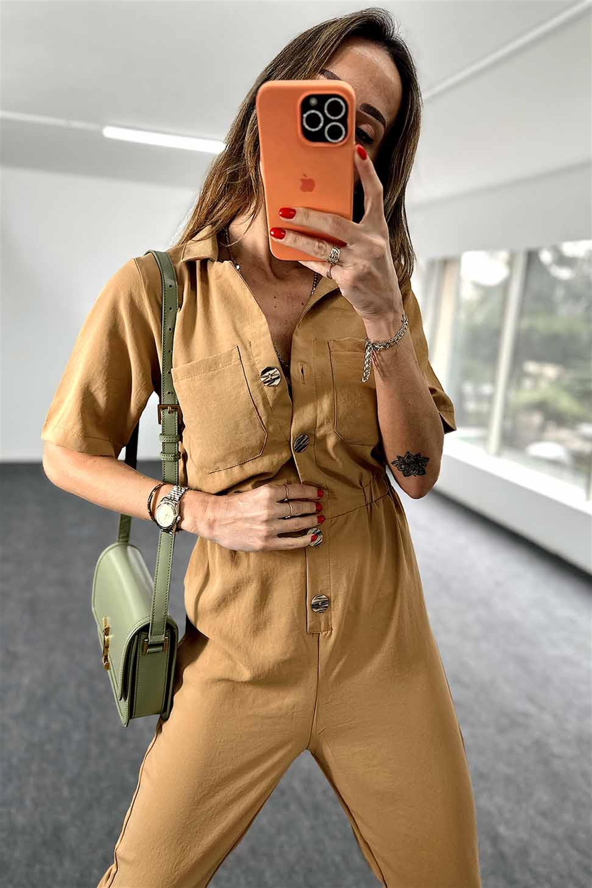 Düğmeli Cep Detay Tulum Camel