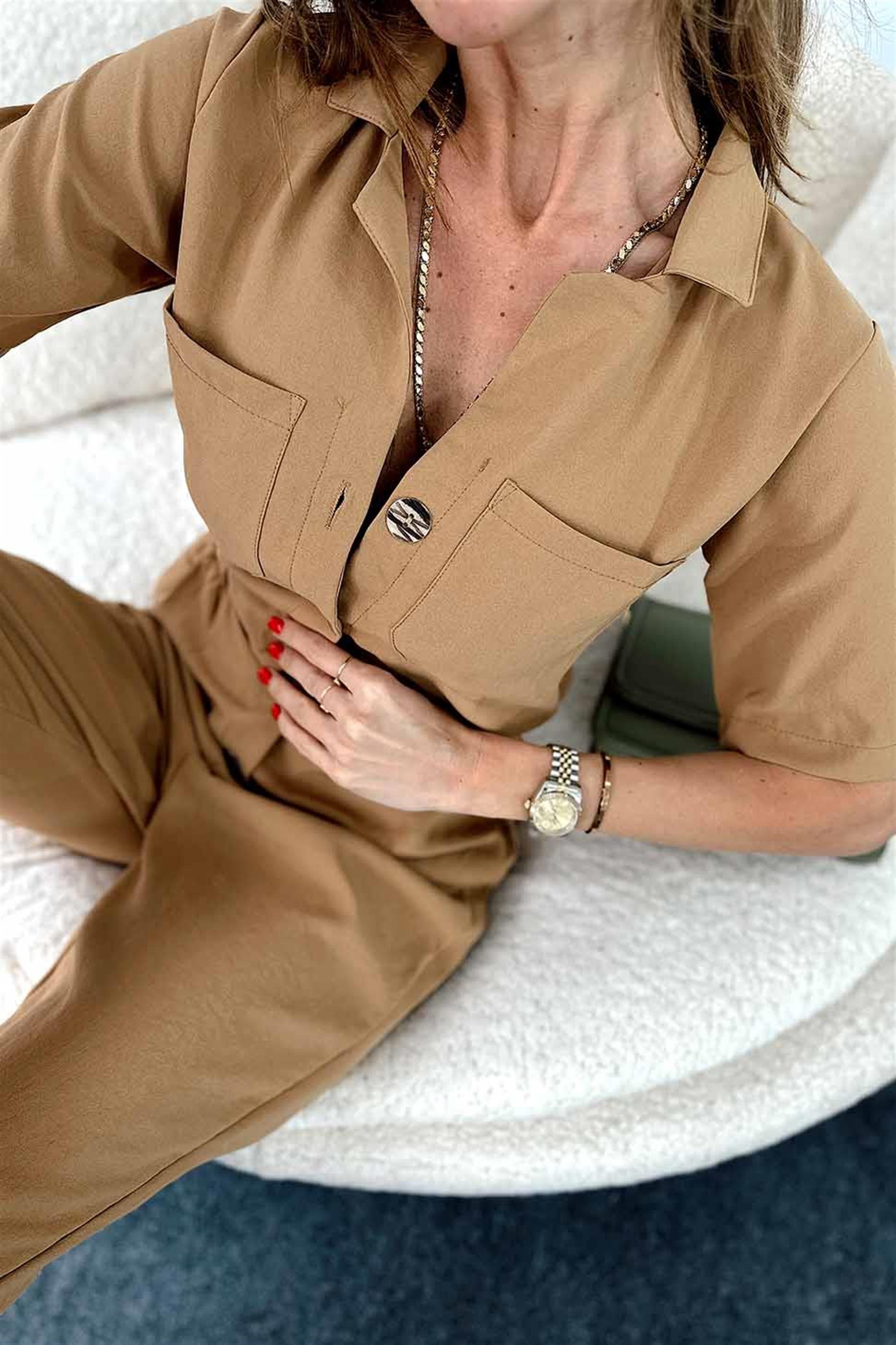 Düğmeli Cep Detay Tulum Camel