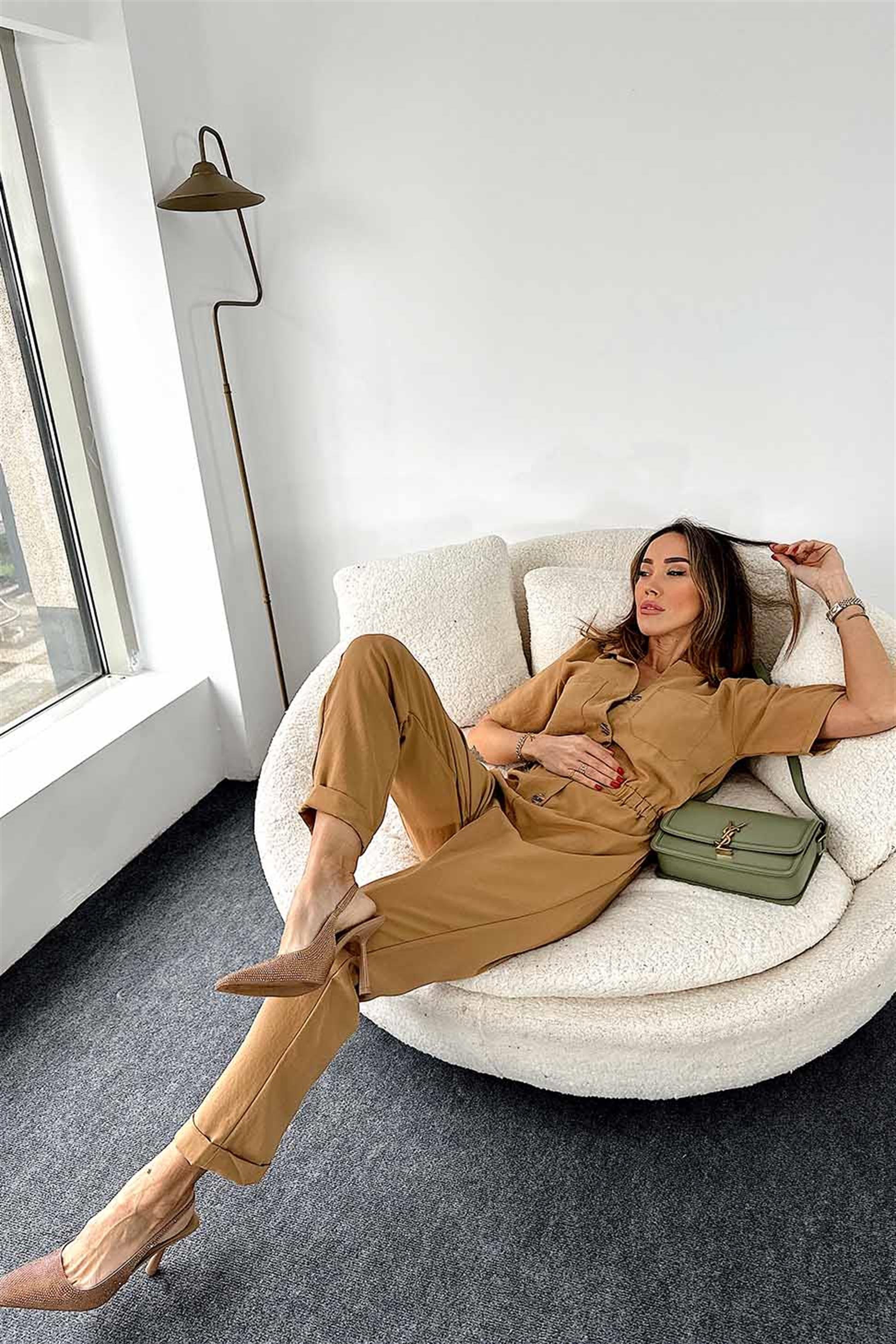 Düğmeli Cep Detay Tulum Camel