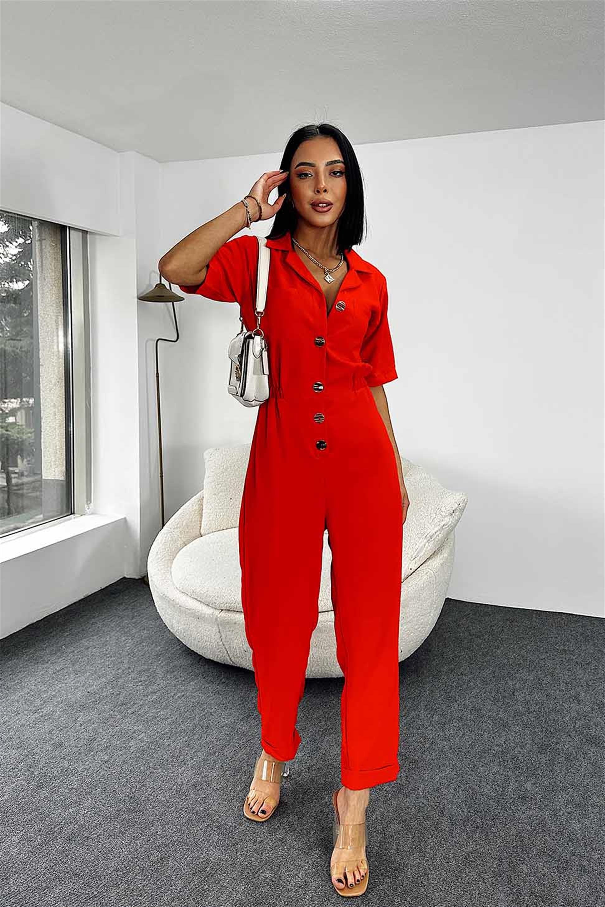 Düğmeli Cep Detay Tulum Nar Çiçeği