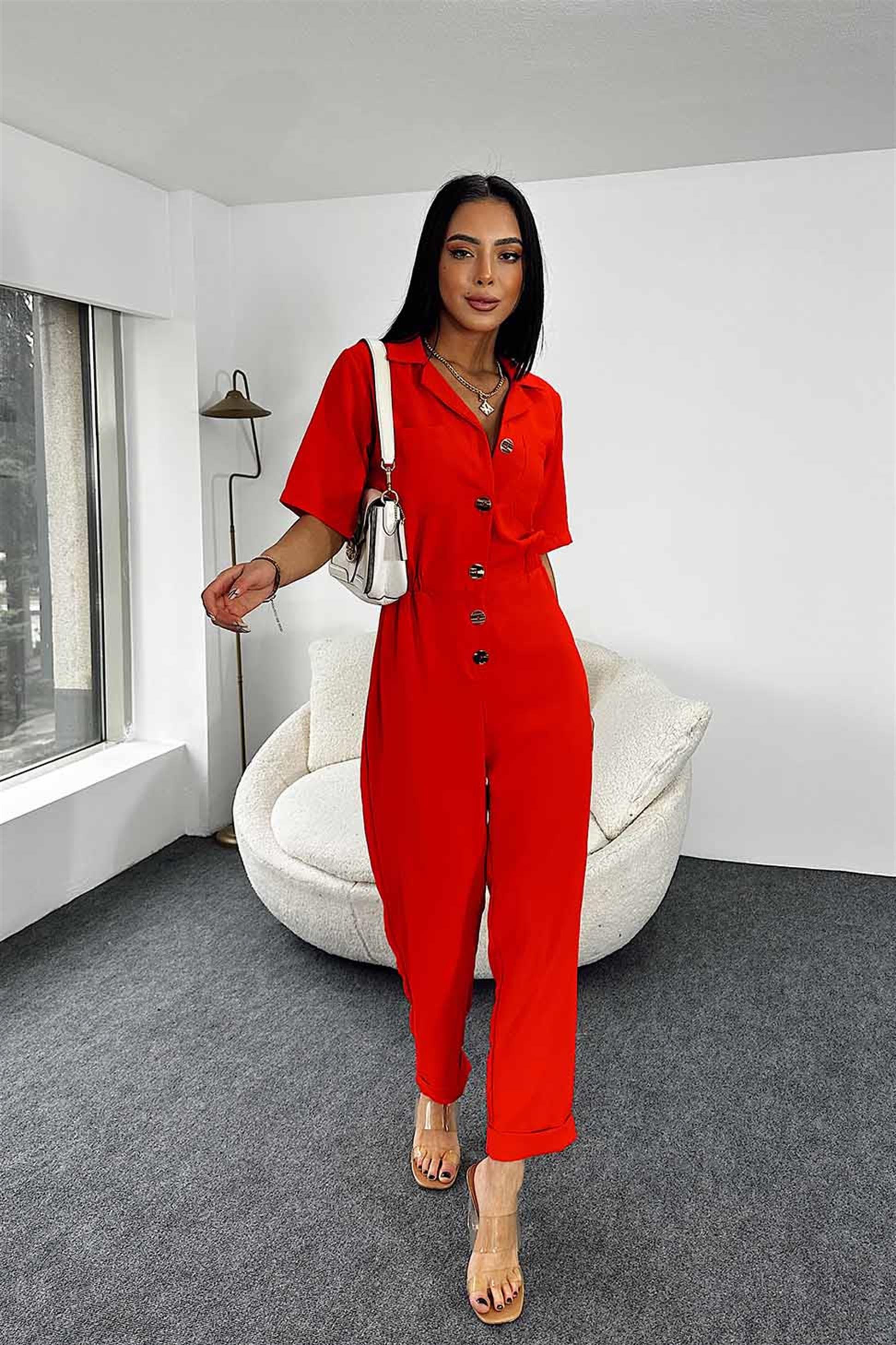 Düğmeli Cep Detay Tulum Nar Çiçeği