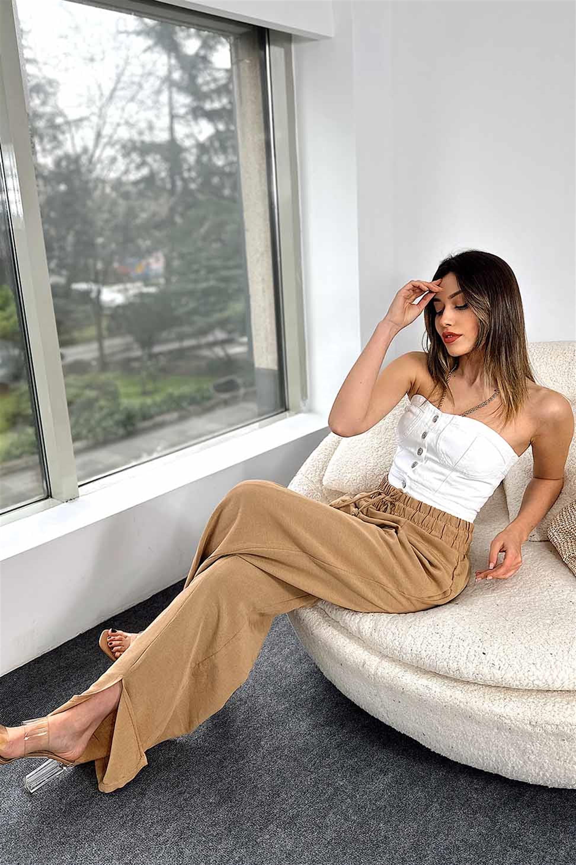Düğmeli Denim Crop Büstiyer Beyaz