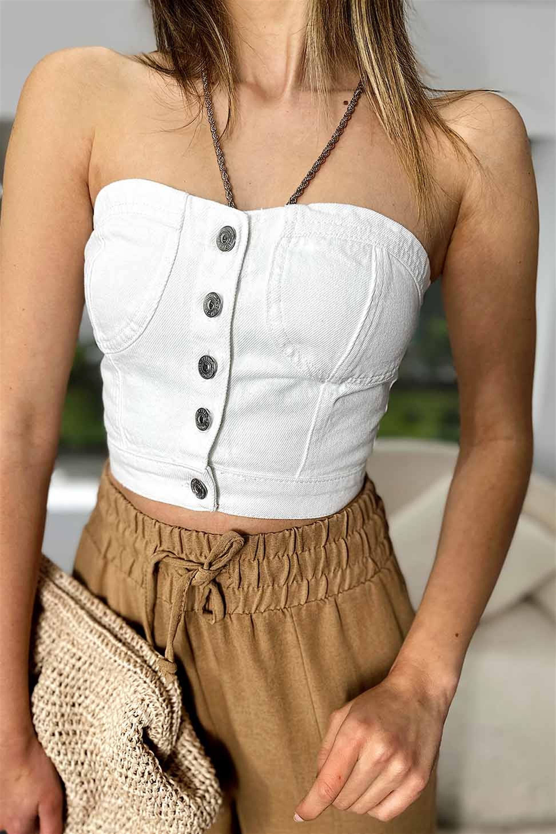 Düğmeli Denim Crop Büstiyer Beyaz