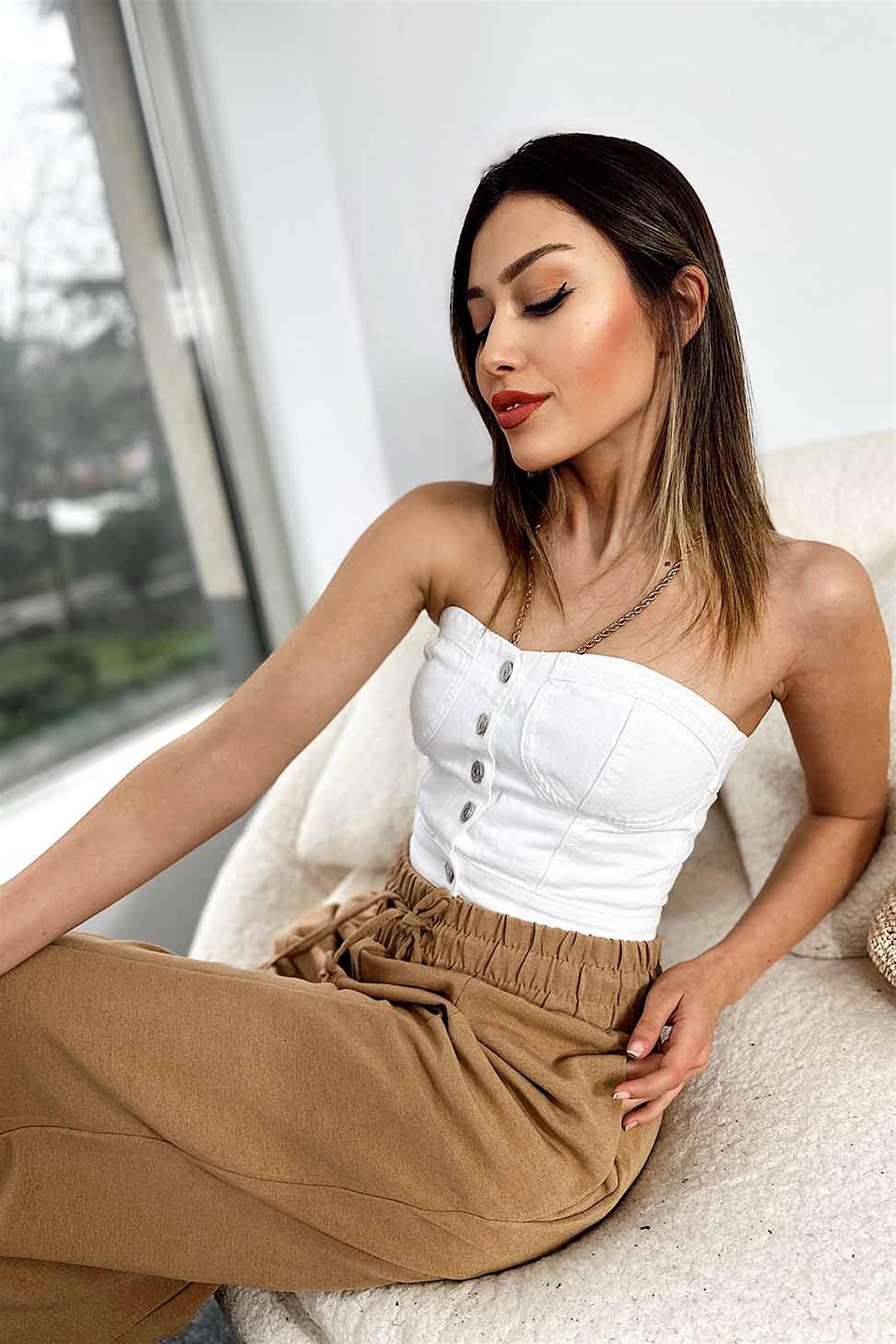 Düğmeli Denim Crop Büstiyer Beyaz