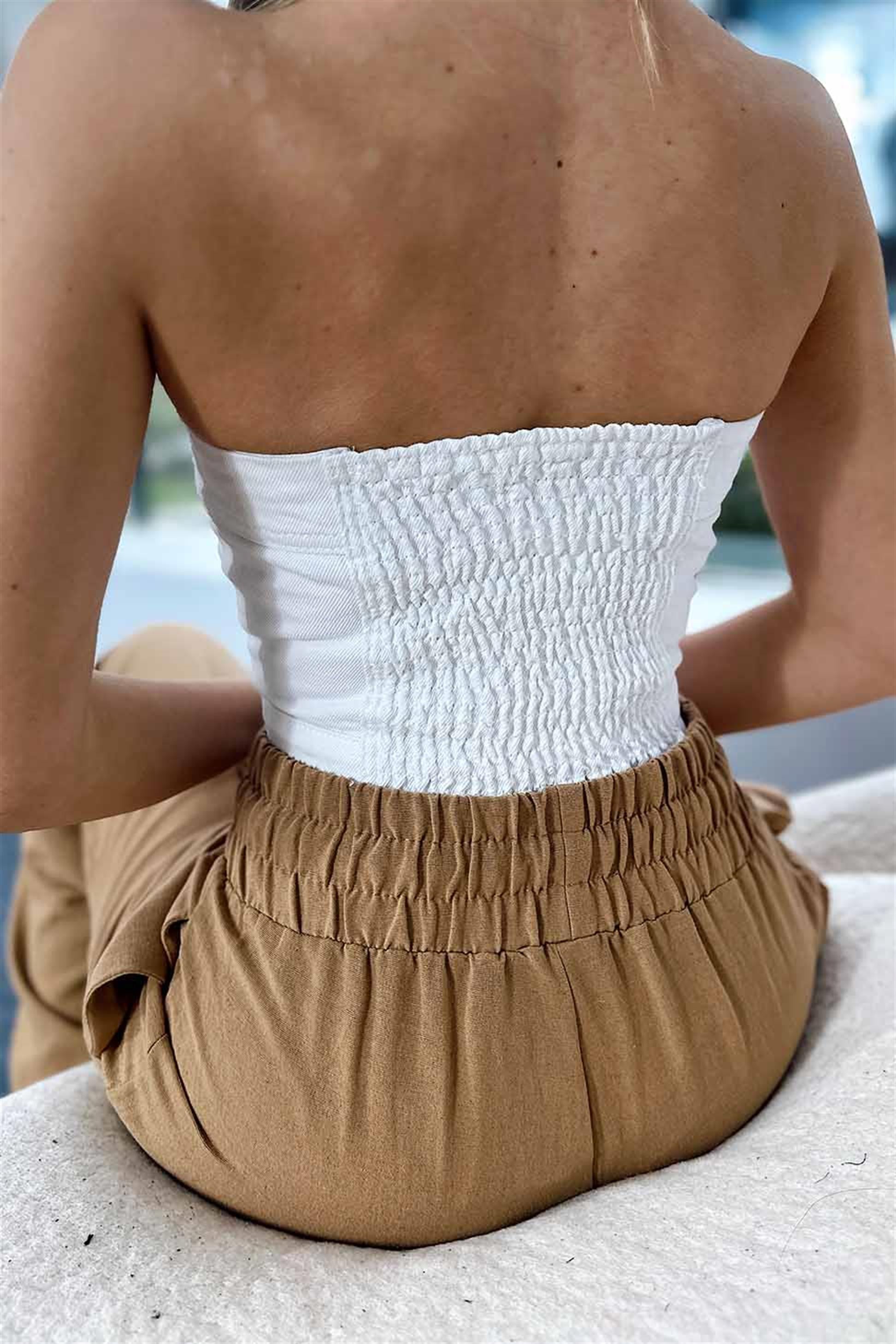 Düğmeli Denim Crop Büstiyer Beyaz