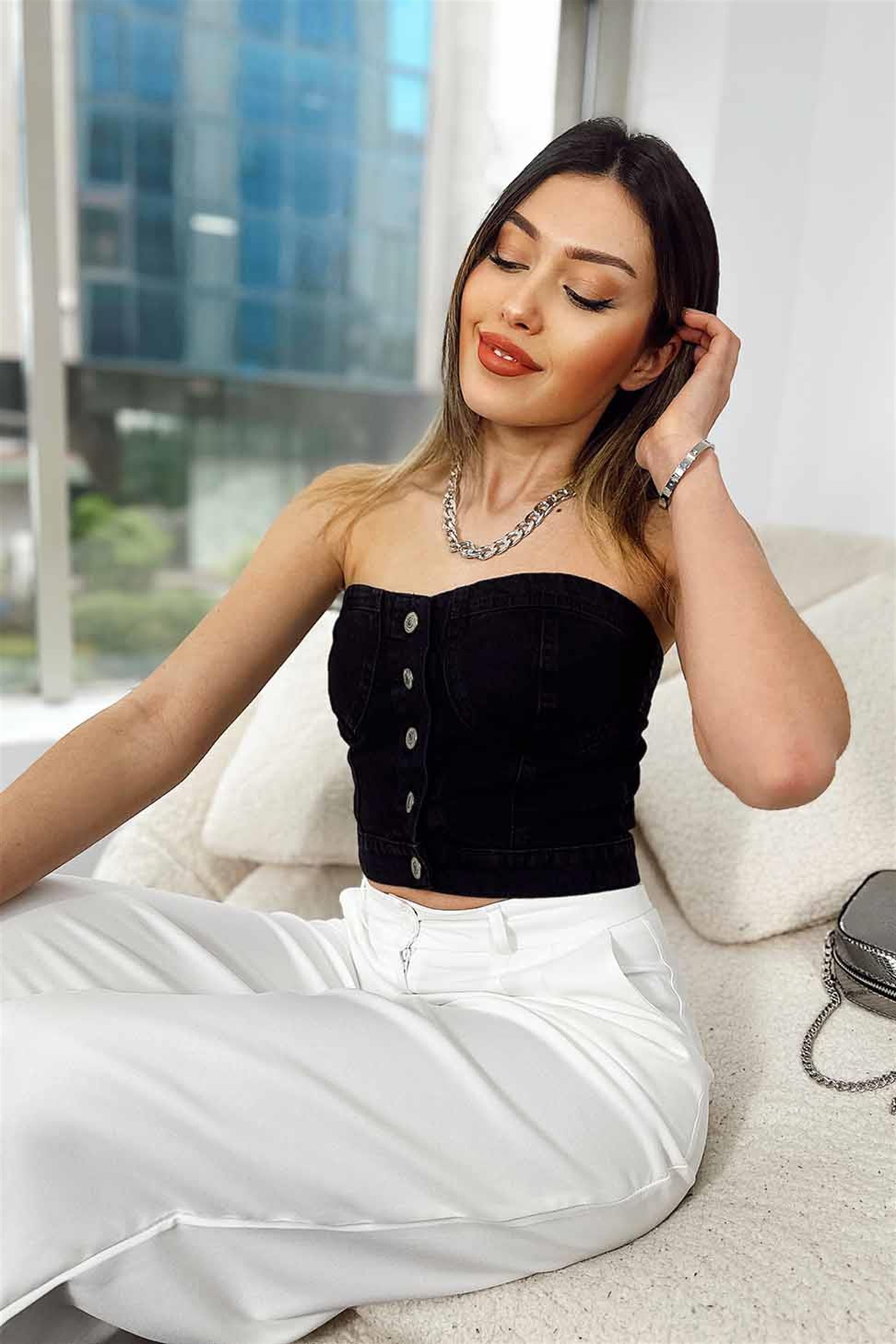 Düğmeli Denim Crop Büstiyer Füme