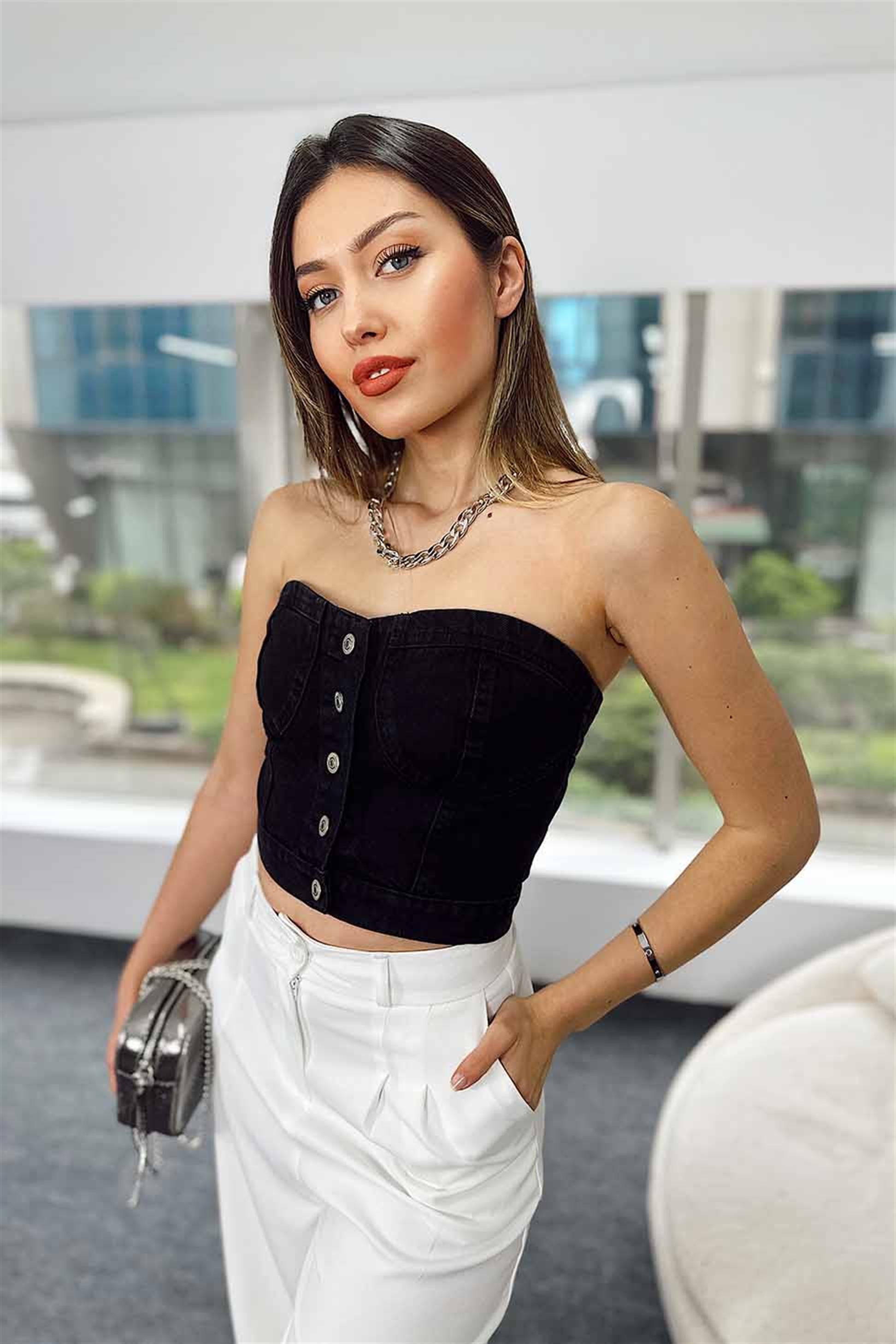 Düğmeli Denim Crop Büstiyer Füme