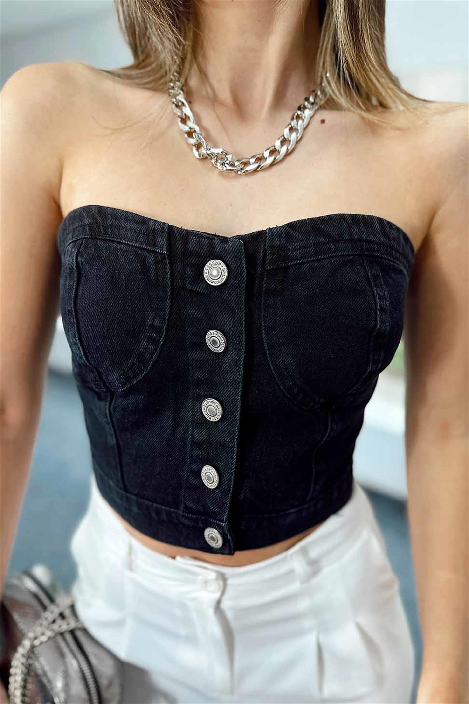 Düğmeli Denim Crop Büstiyer Füme