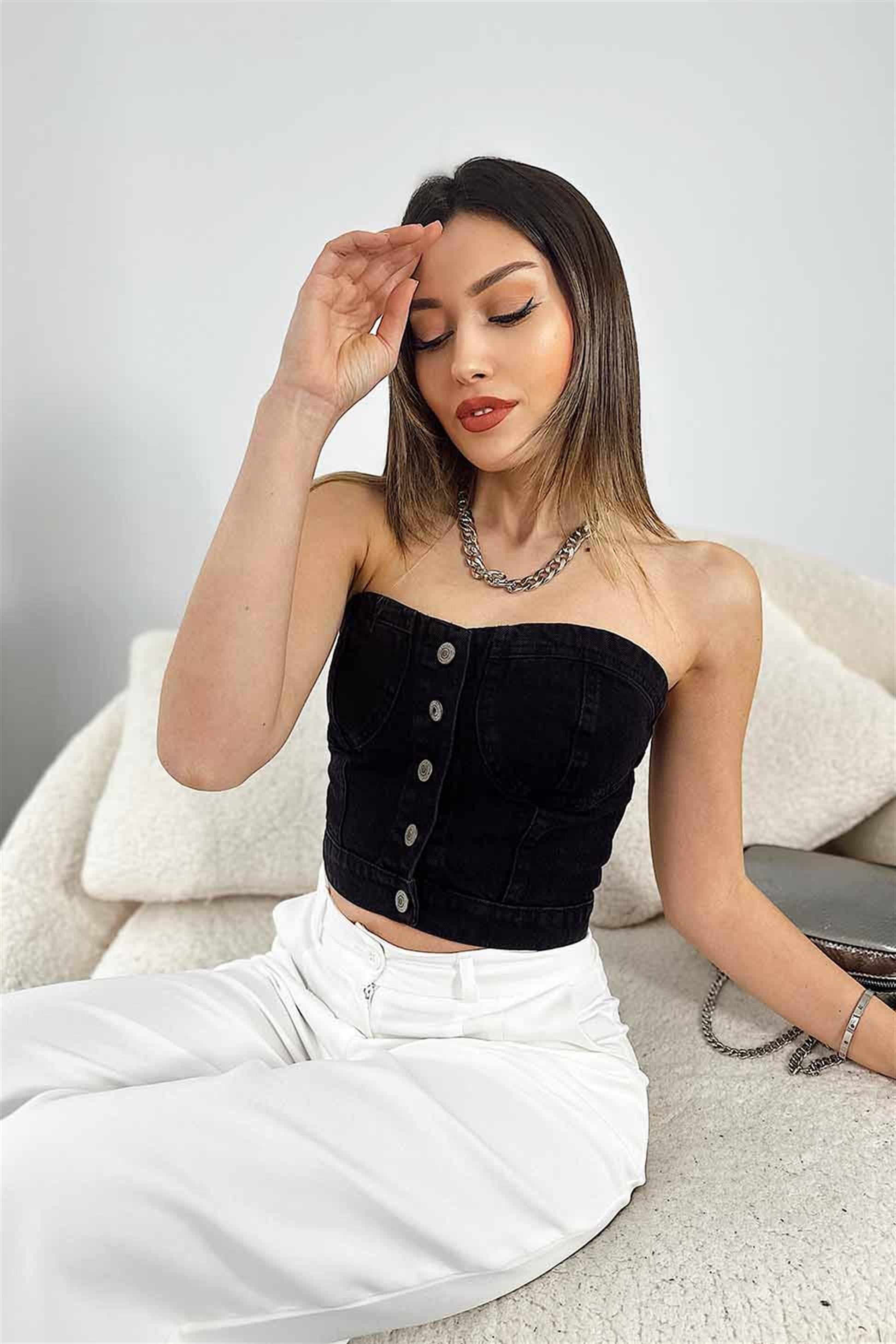 Düğmeli Denim Crop Büstiyer Füme