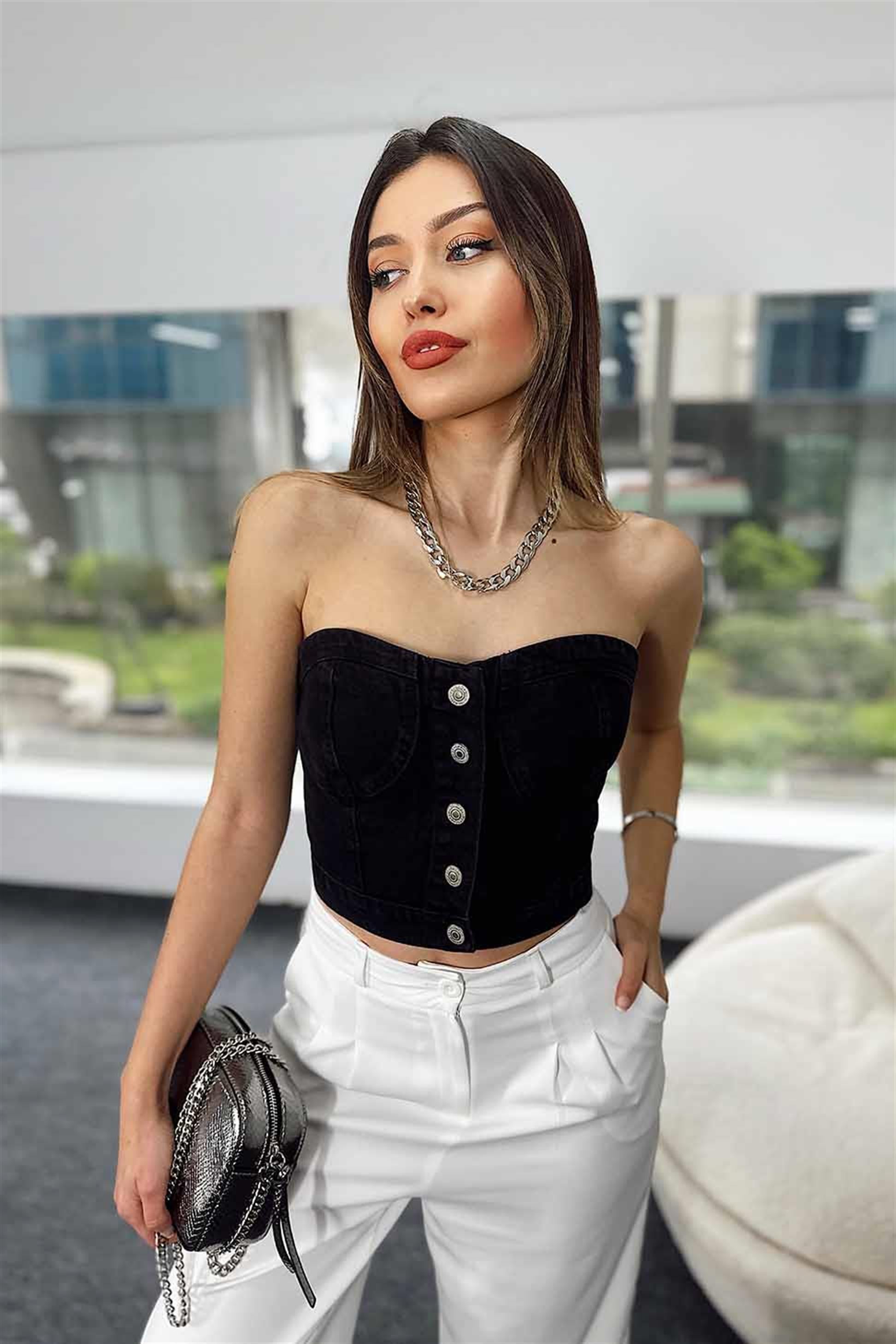 Düğmeli Denim Crop Büstiyer Füme