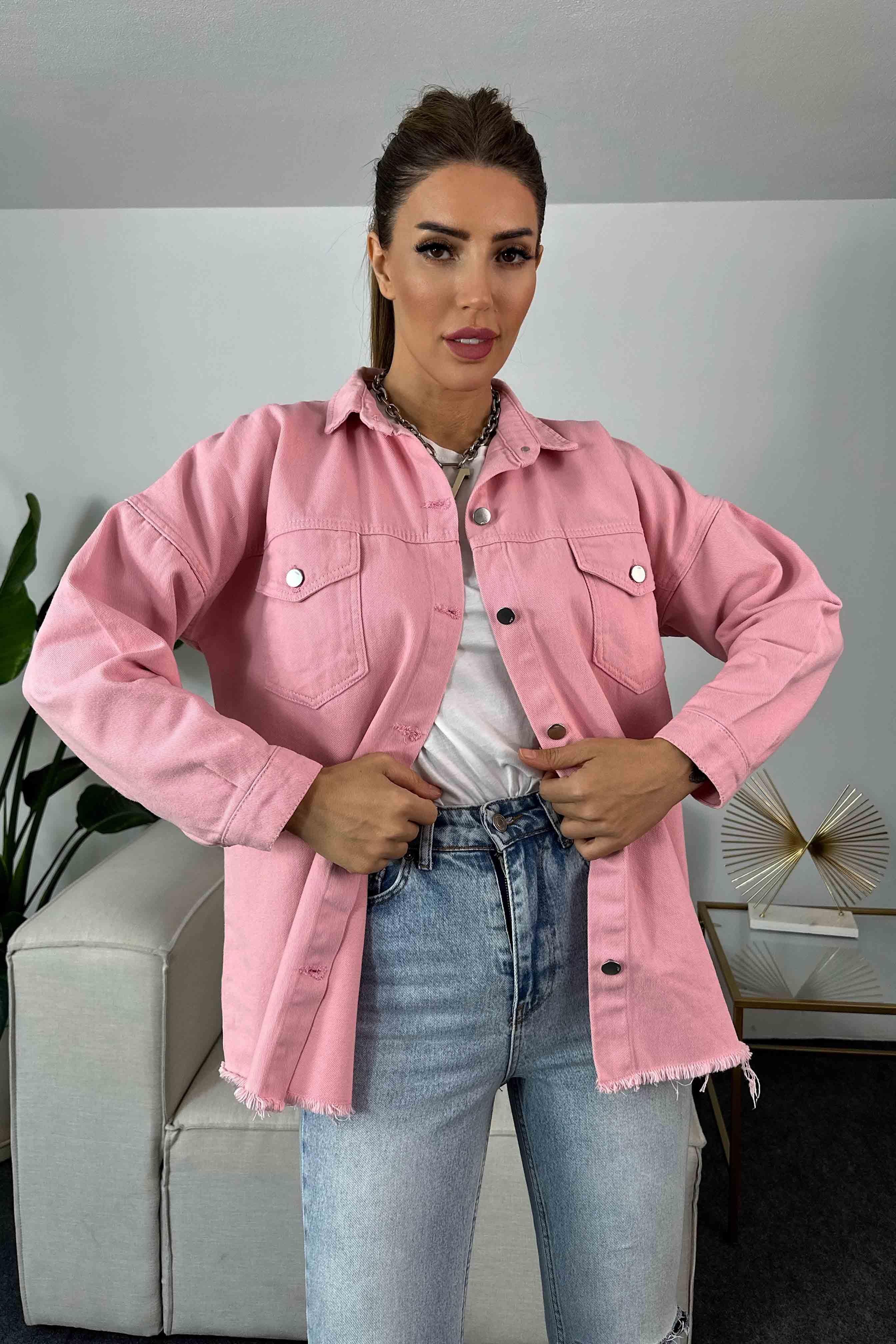Düğmeli Kadın Kot Ceket Pembe
