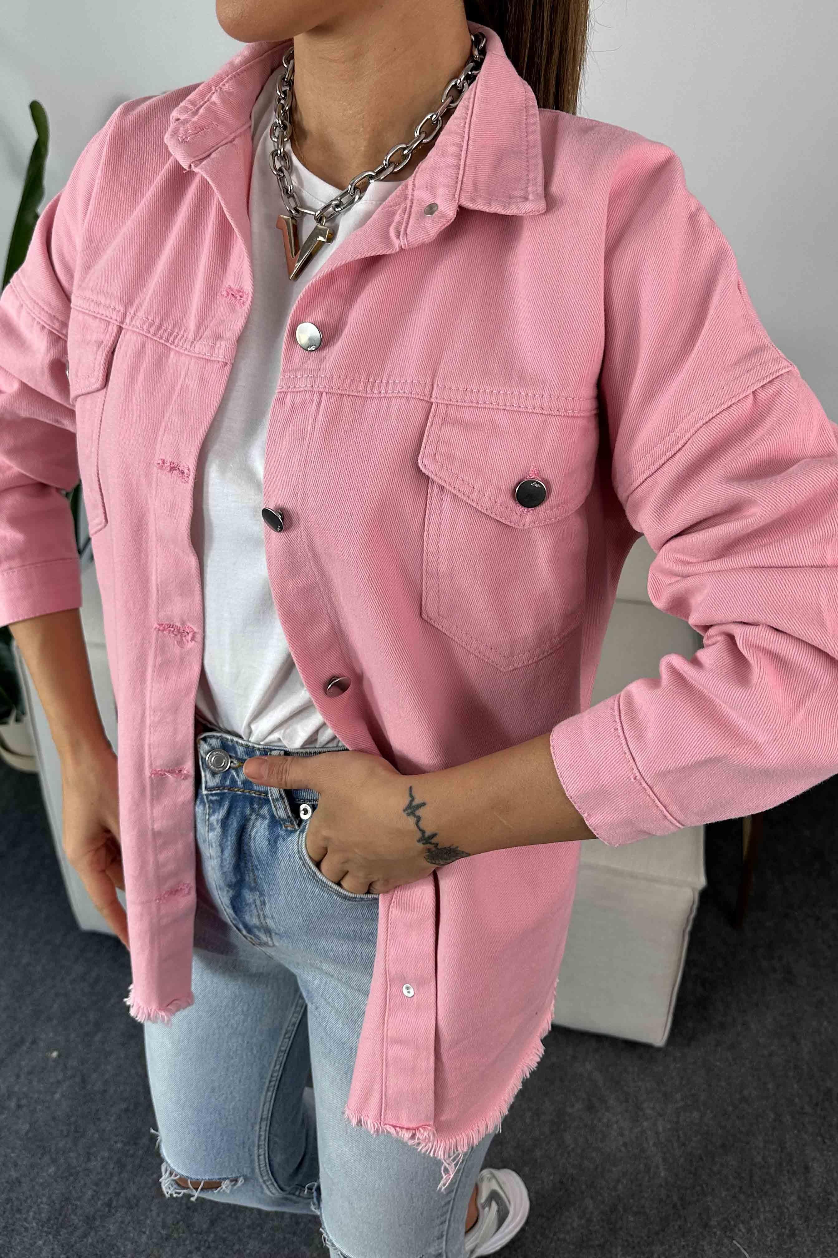 Düğmeli Kadın Kot Ceket Pembe