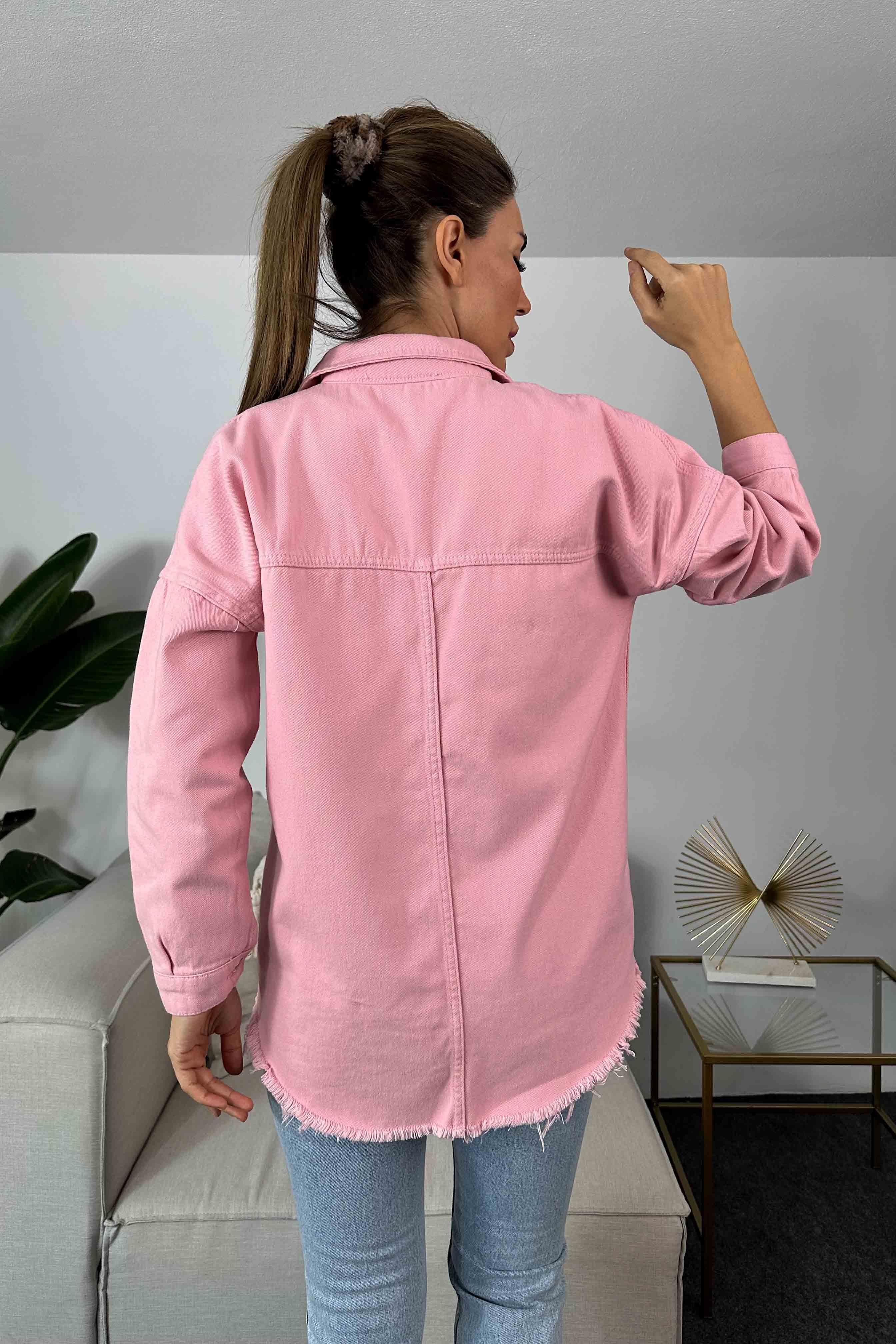 Düğmeli Kadın Kot Ceket Pembe