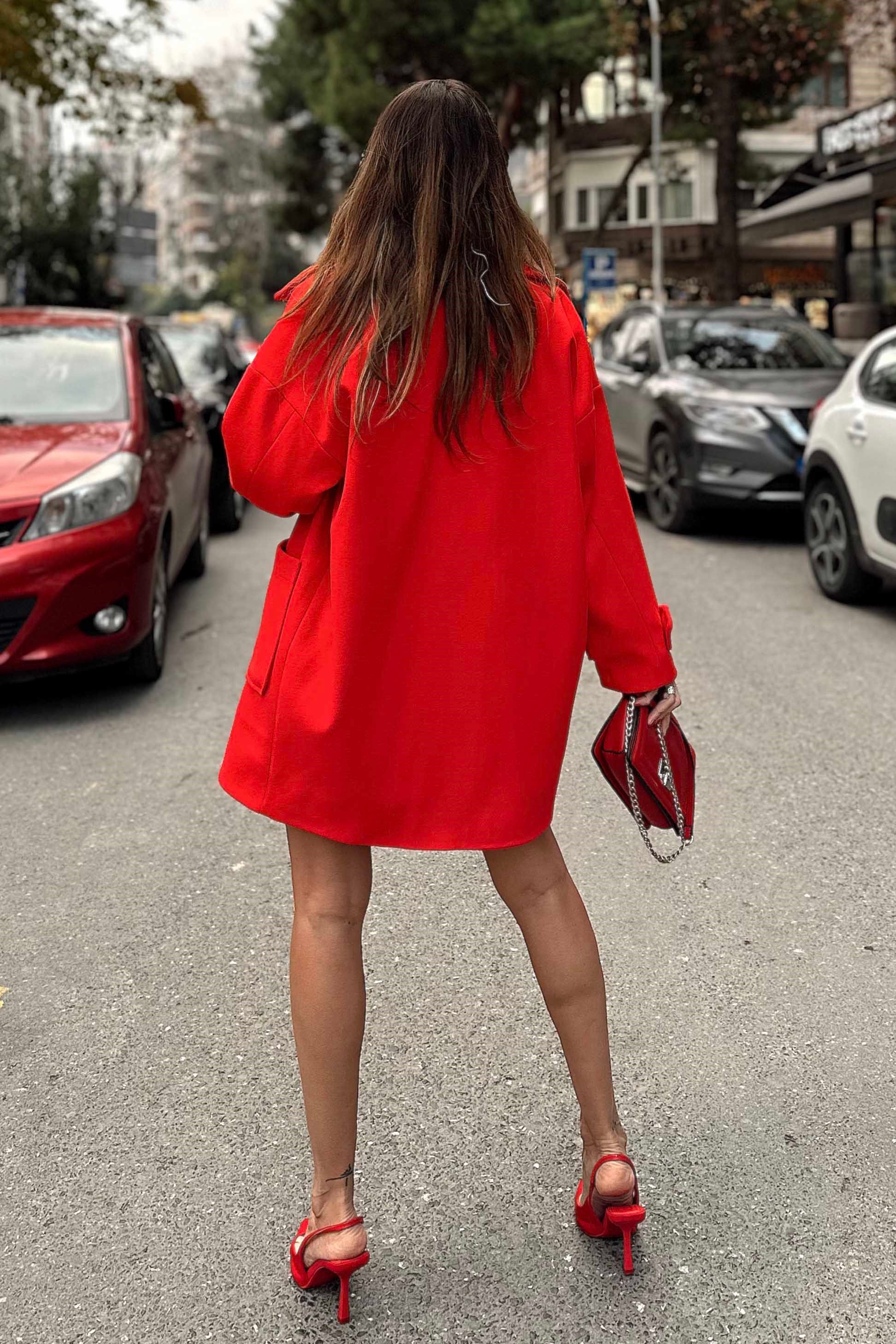 Düşük Kol Midi Kaban Kırmızı