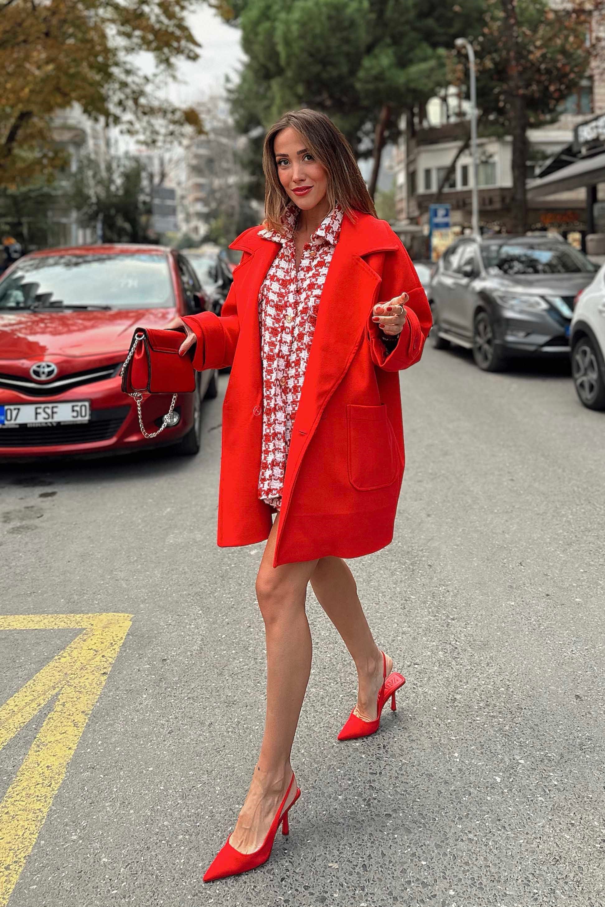 Düşük Kol Midi Kaban Kırmızı