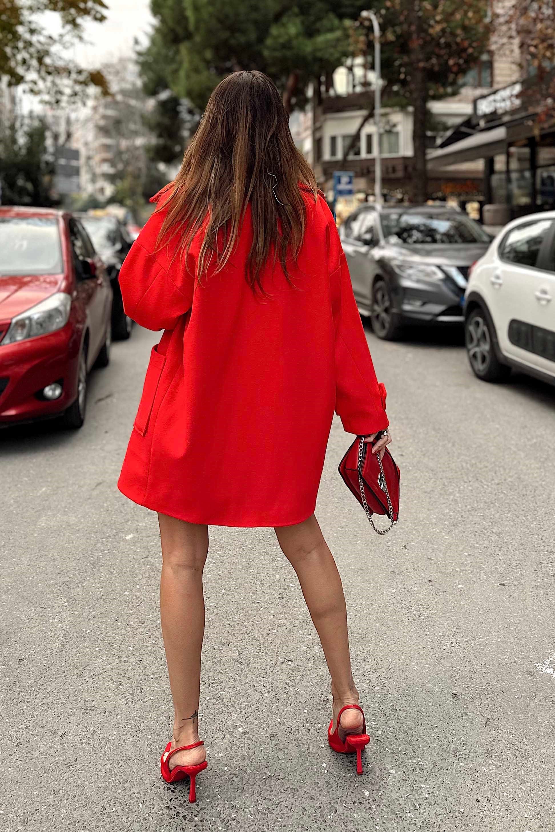 Düşük Kol Midi Kaban Kırmızı
