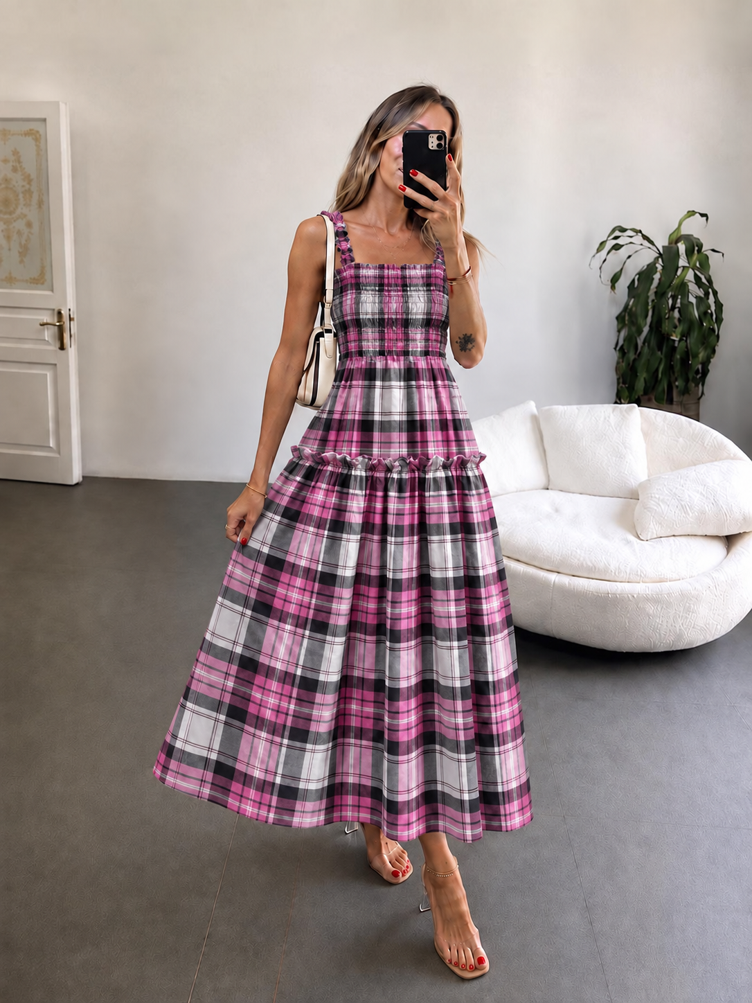 Ekose Detaylı Maksi Elbise Pembe