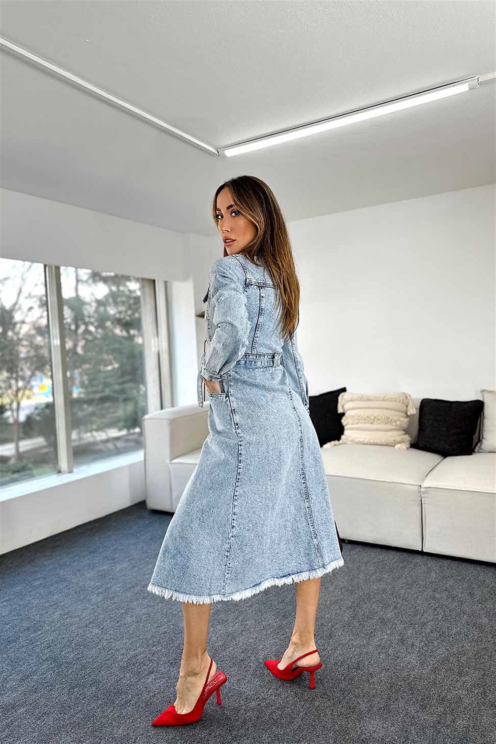 Eteği Püskül Detaylı Denim Elbise Açık Mavi