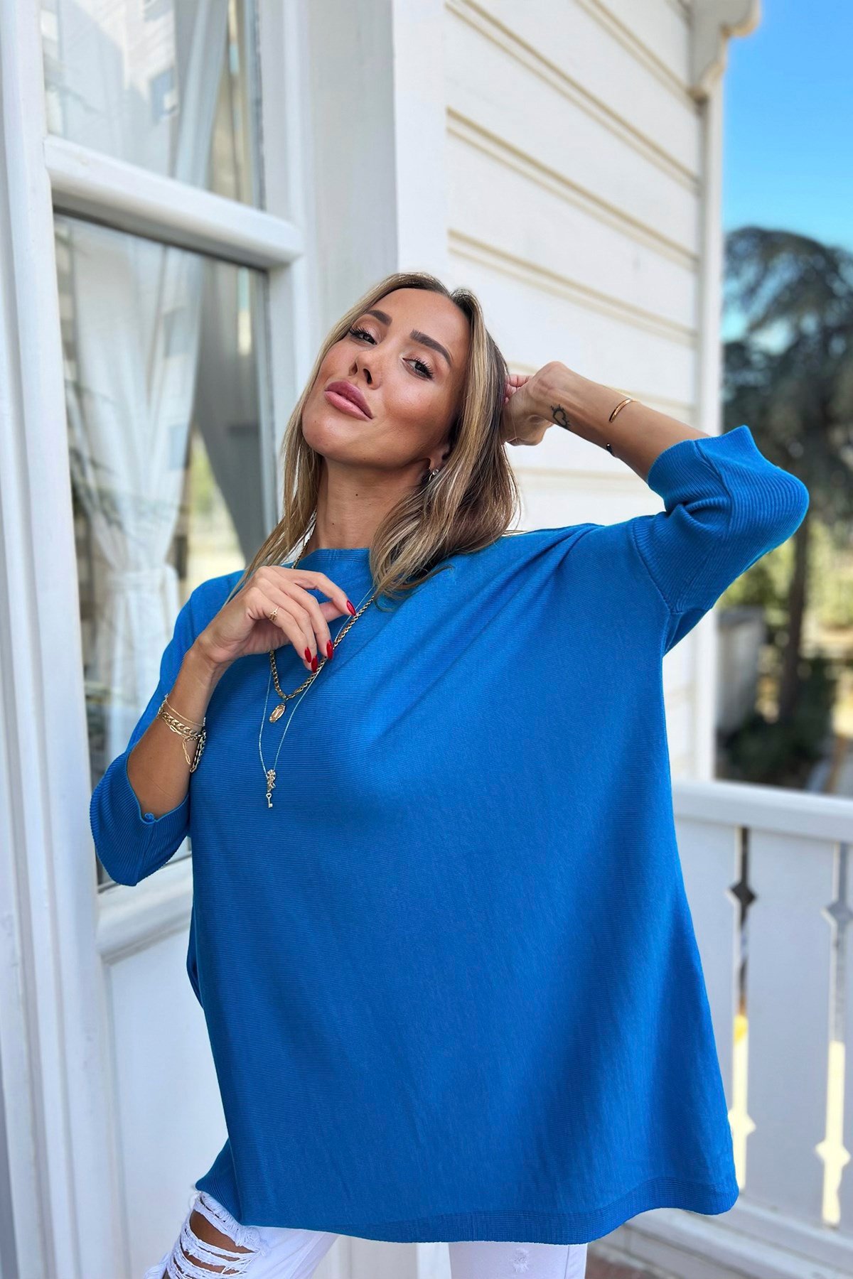 Fakir Kol Oversize Kadın Kazak Mavi