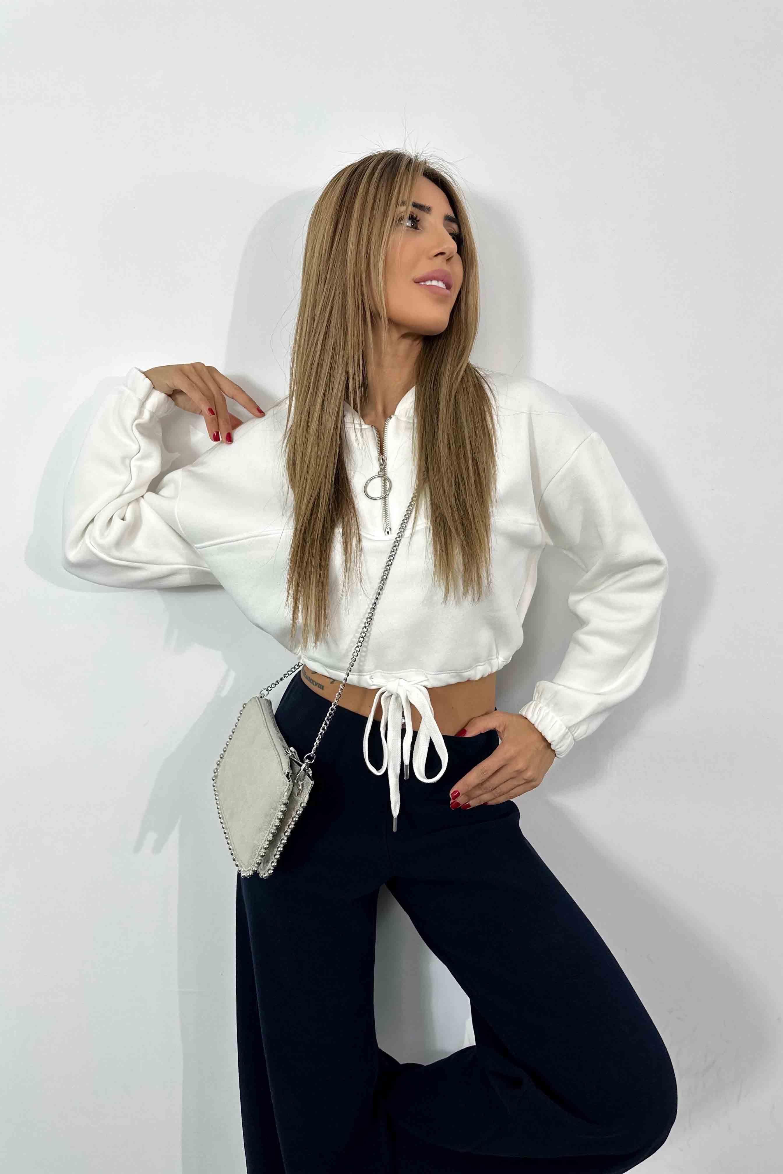 Fermuar Detay Kapüşonlu Crop Sweatshirt Beyaz
