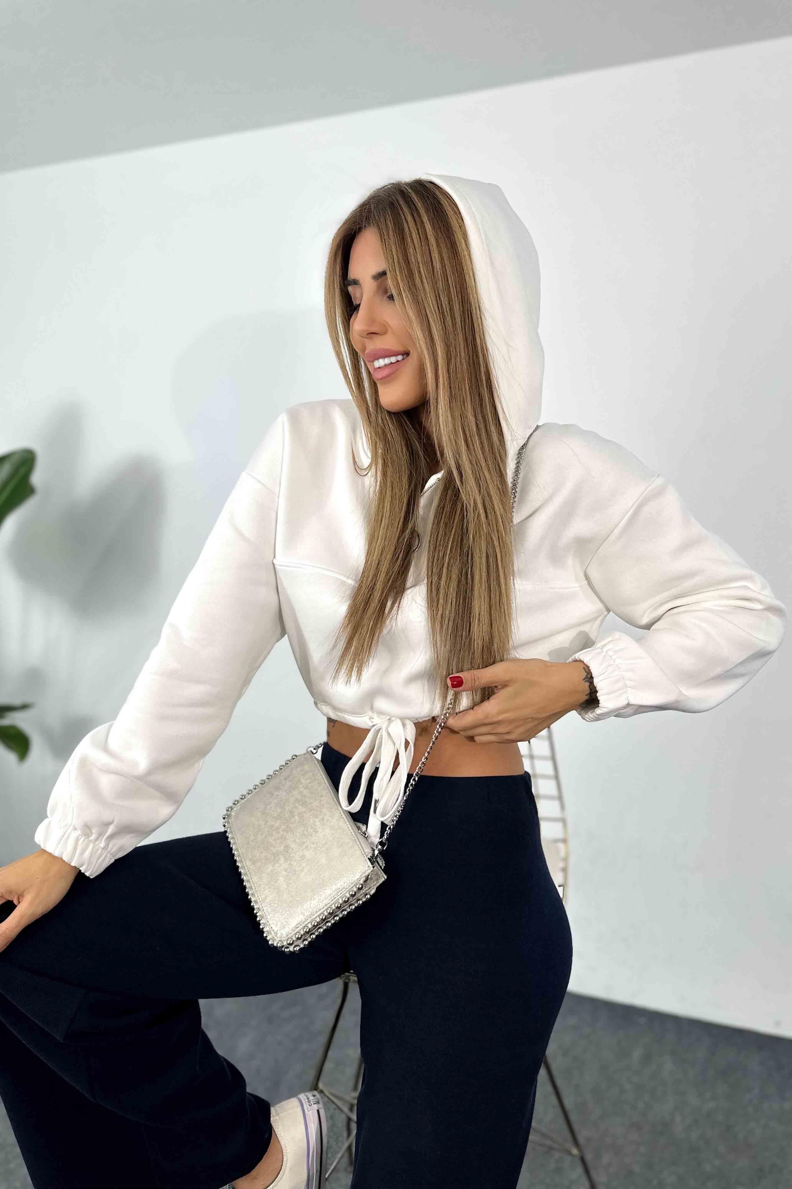Fermuar Detay Kapüşonlu Crop Sweatshirt Beyaz