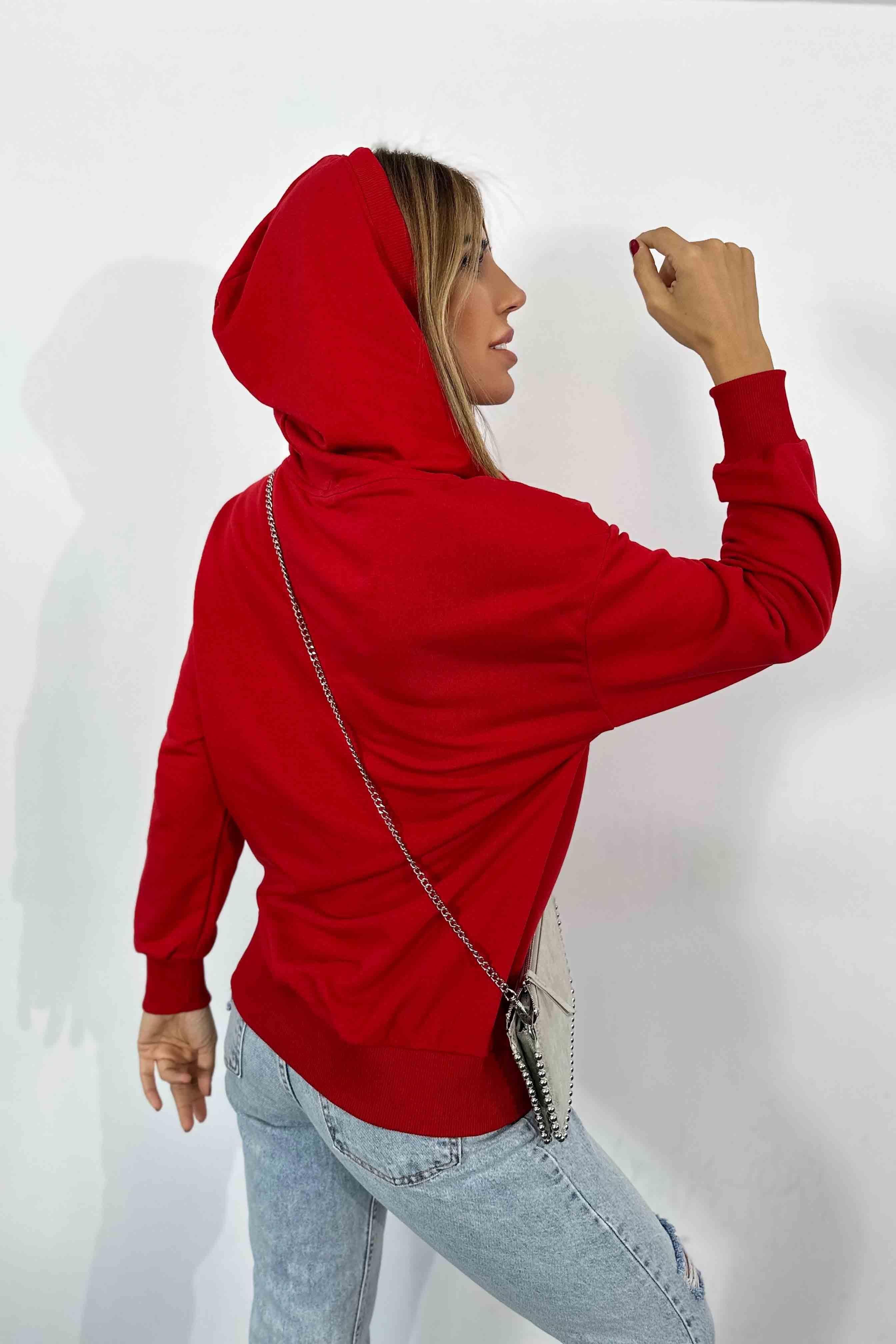 Fermuar Detay Kapüşonlu Kadın Sweatshirt Kırmızı