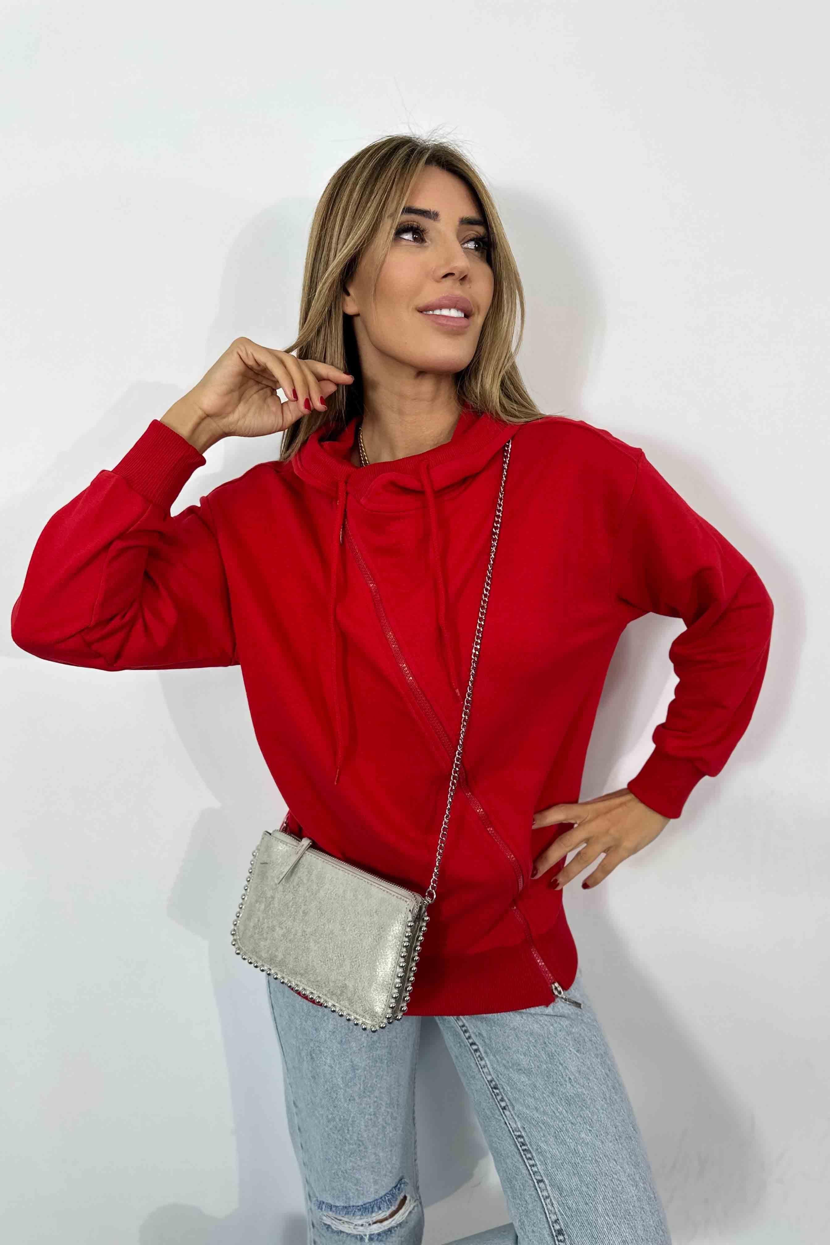 Fermuar Detay Kapüşonlu Kadın Sweatshirt Kırmızı