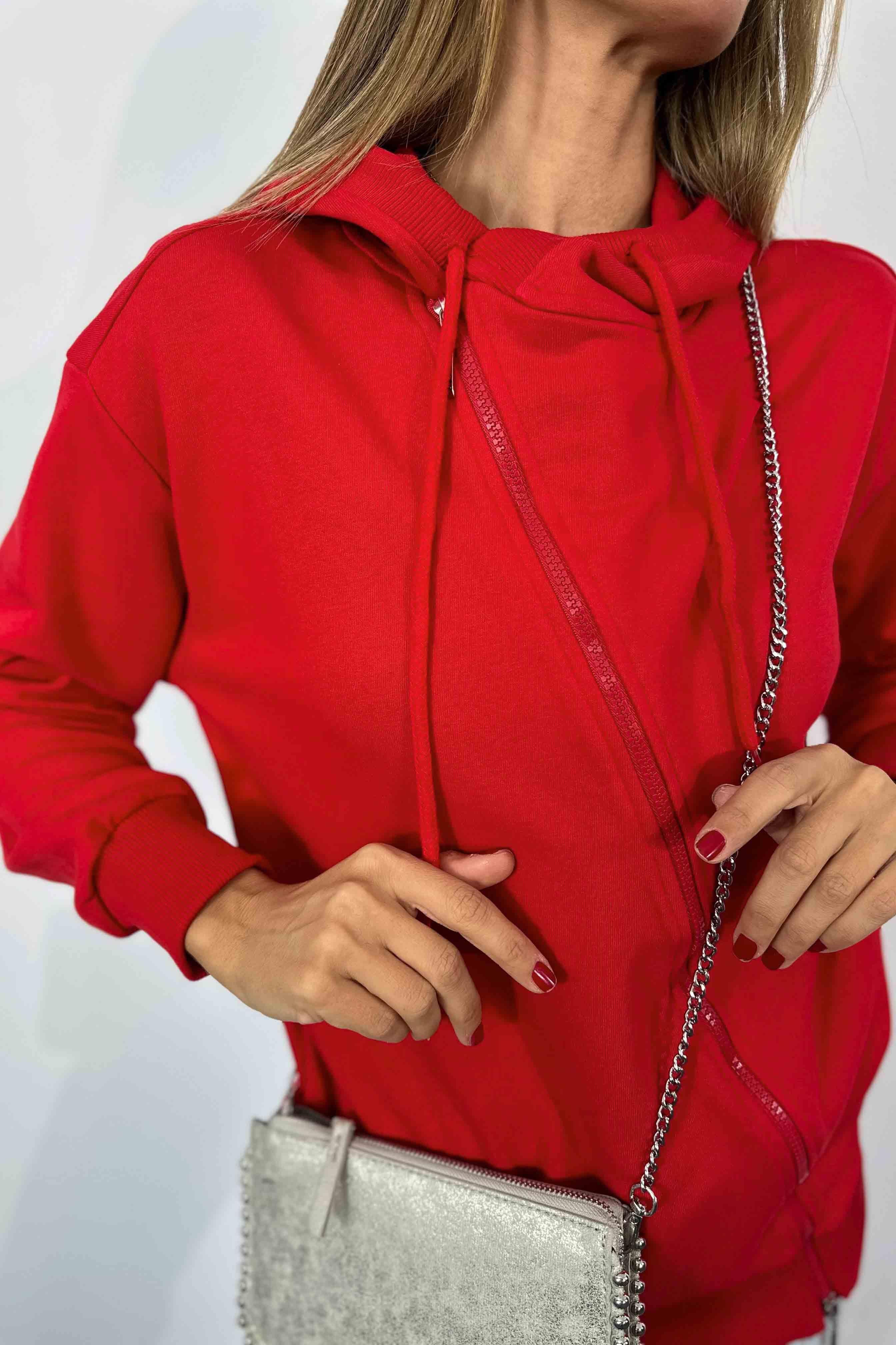 Fermuar Detay Kapüşonlu Kadın Sweatshirt Kırmızı