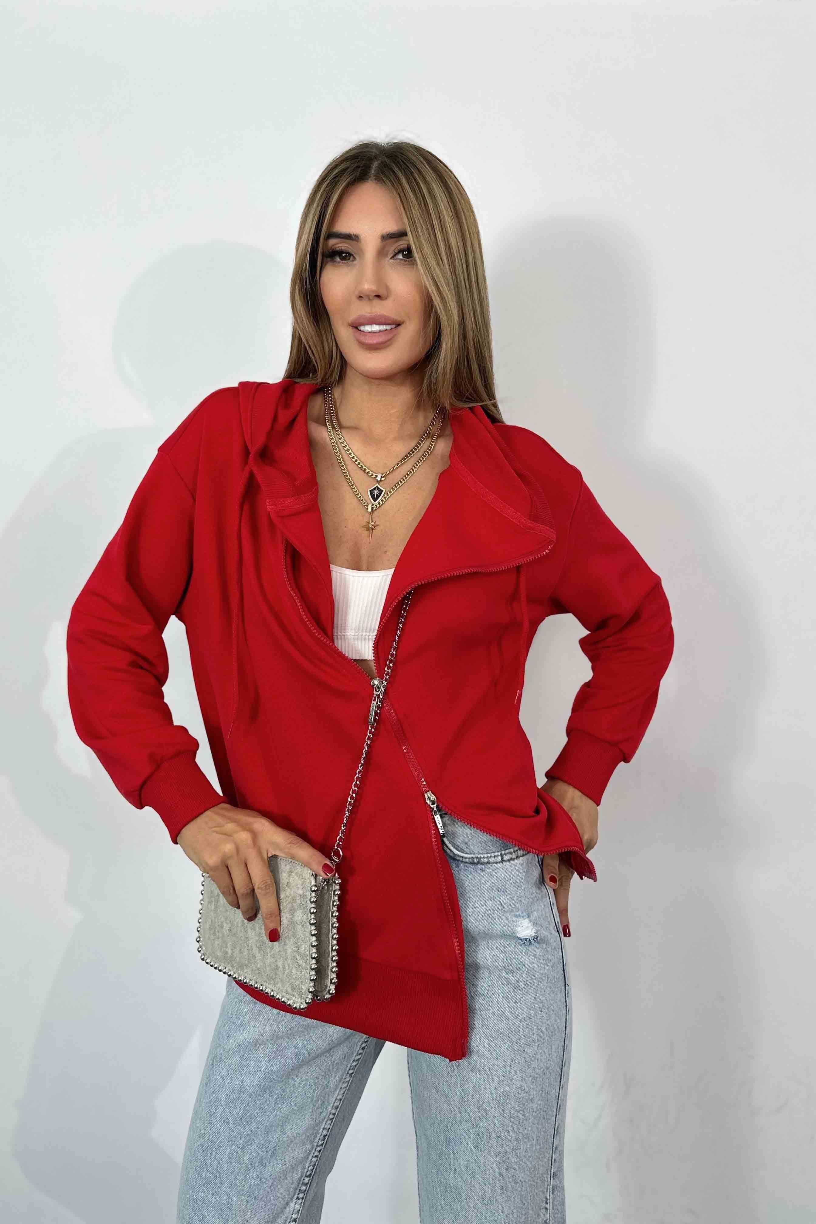 Fermuar Detay Kapüşonlu Kadın Sweatshirt Kırmızı