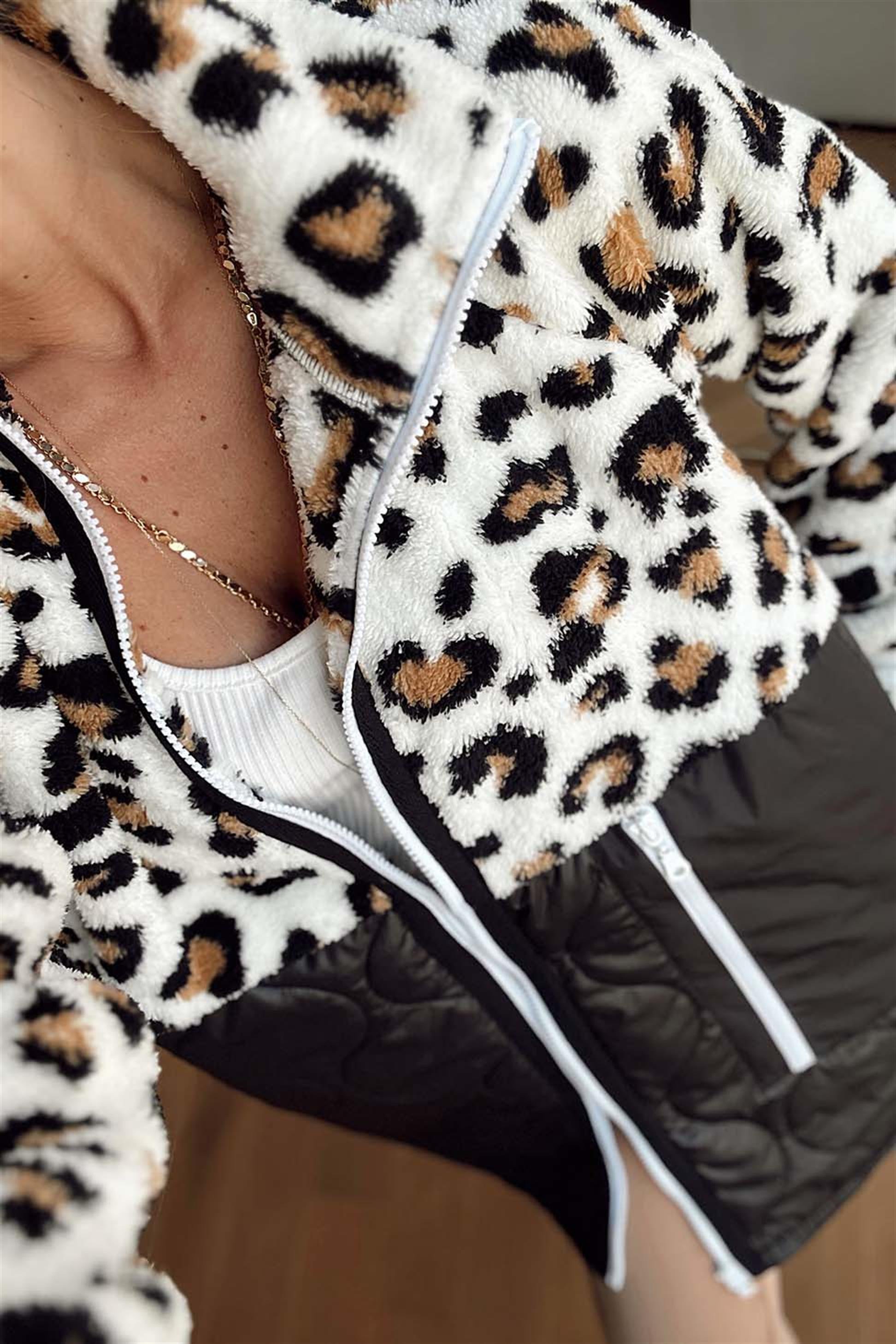 Fermuar Detay Leopar Desenli Peluş Polar Siyah