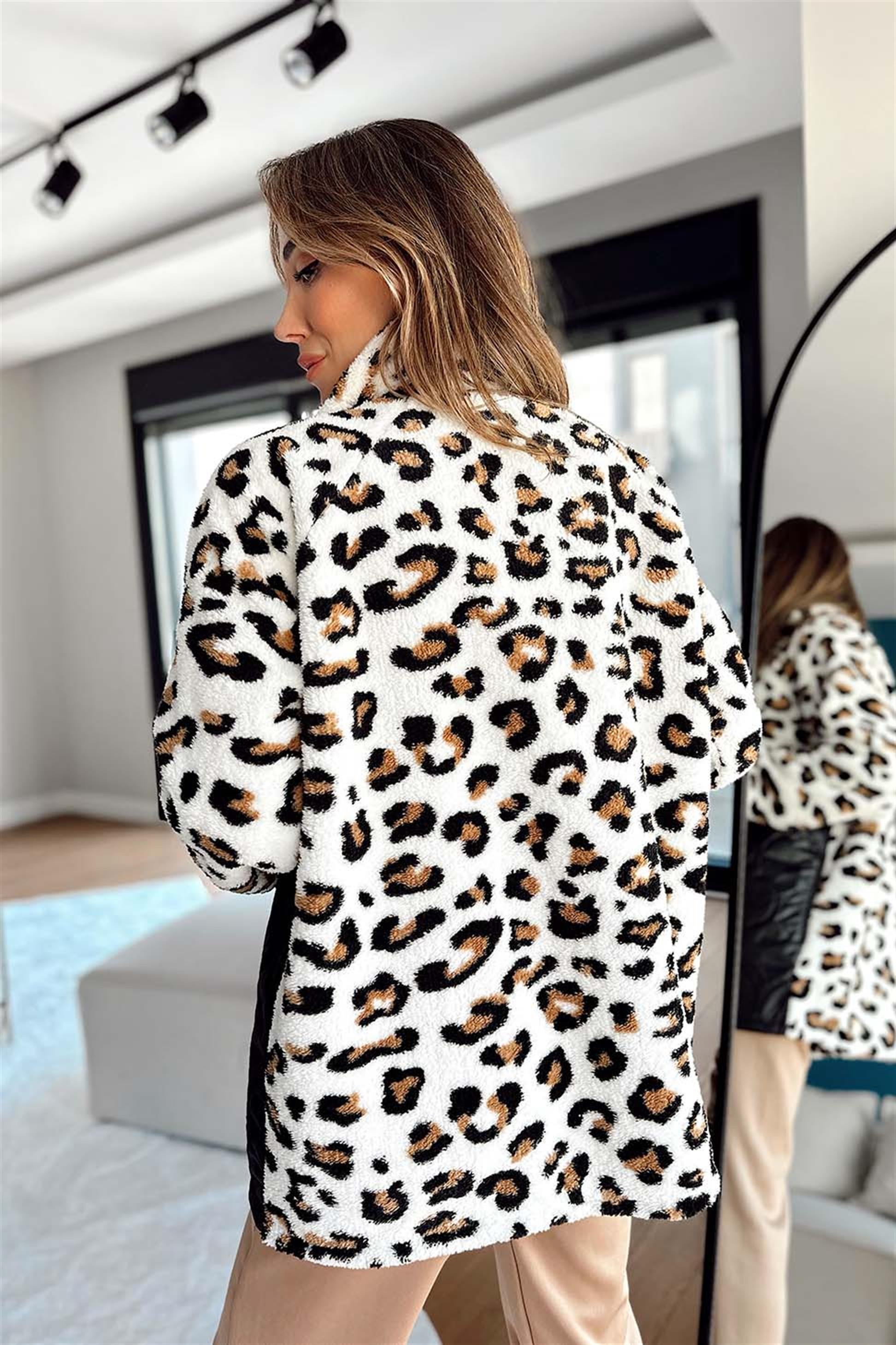 Fermuar Detay Leopar Desenli Peluş Polar Siyah