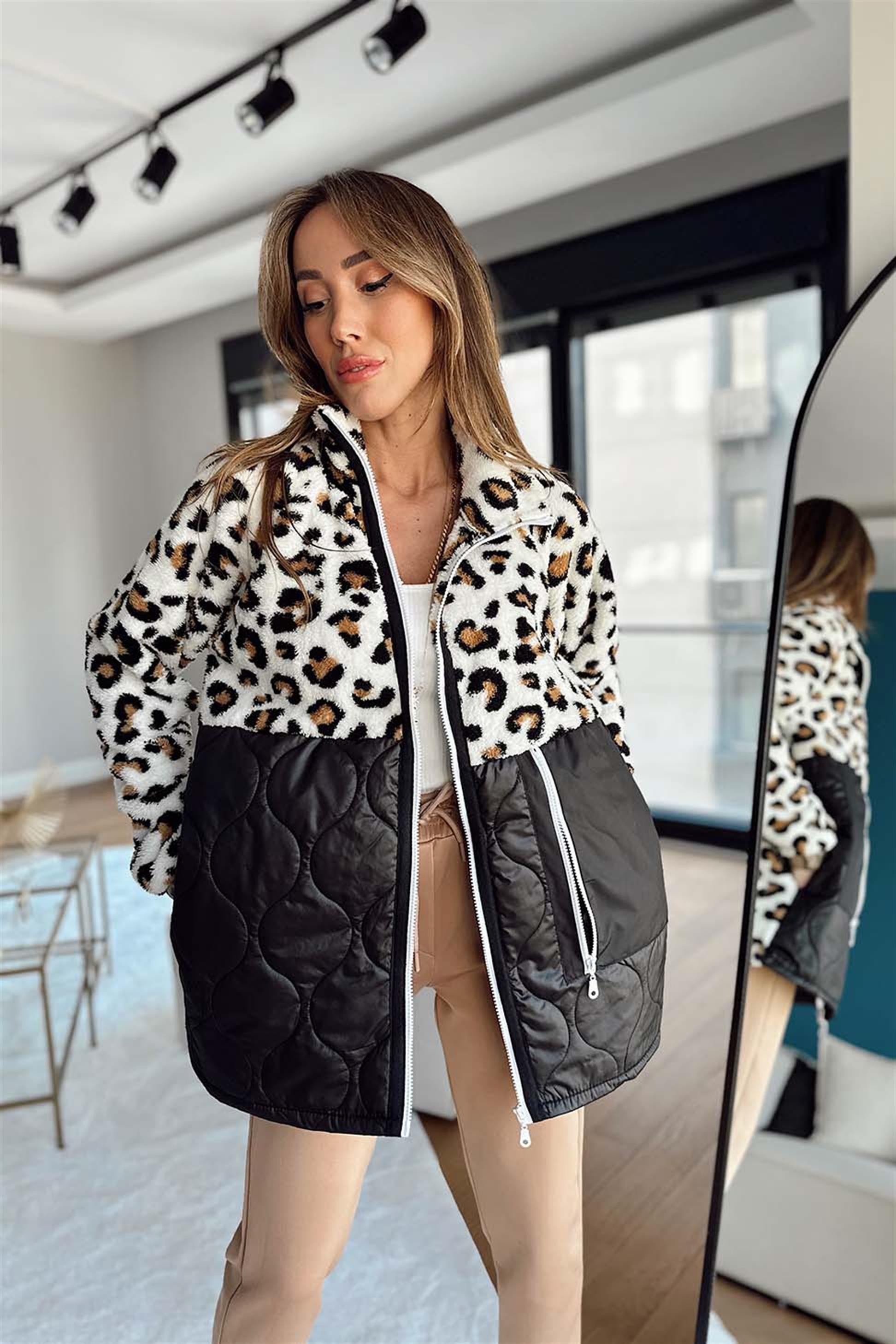 Fermuar Detay Leopar Desenli Peluş Polar Siyah
