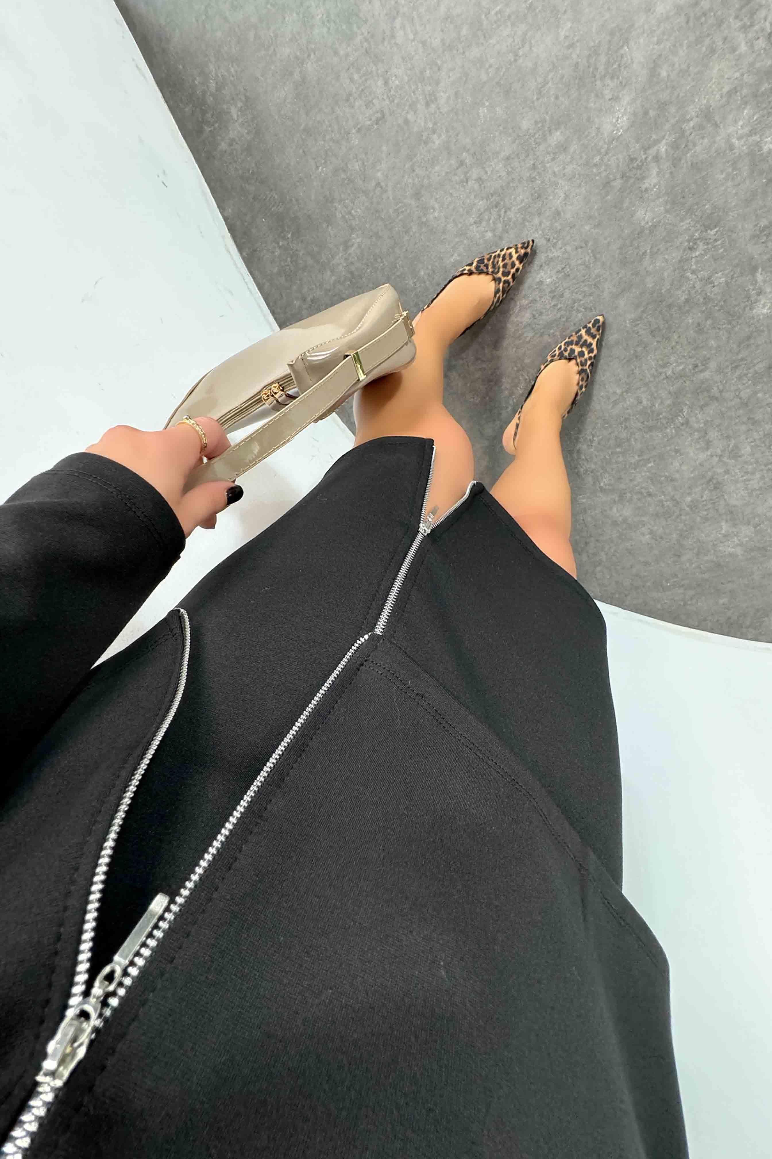 Fermuar Detay Mini Etekli Çelilk Örme Kadın Takım Siyah