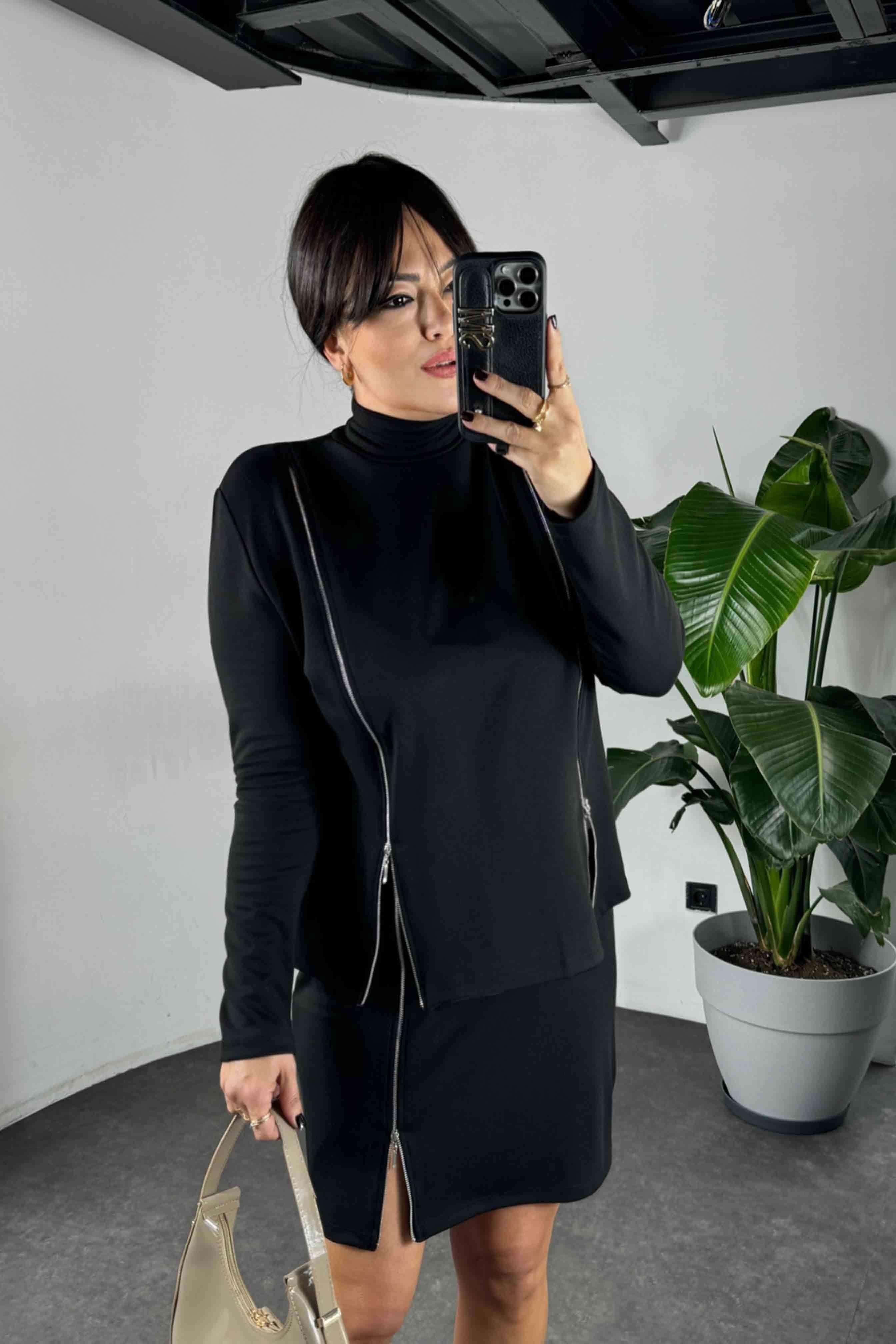 Fermuar Detay Mini Etekli Çelilk Örme Kadın Takım Siyah