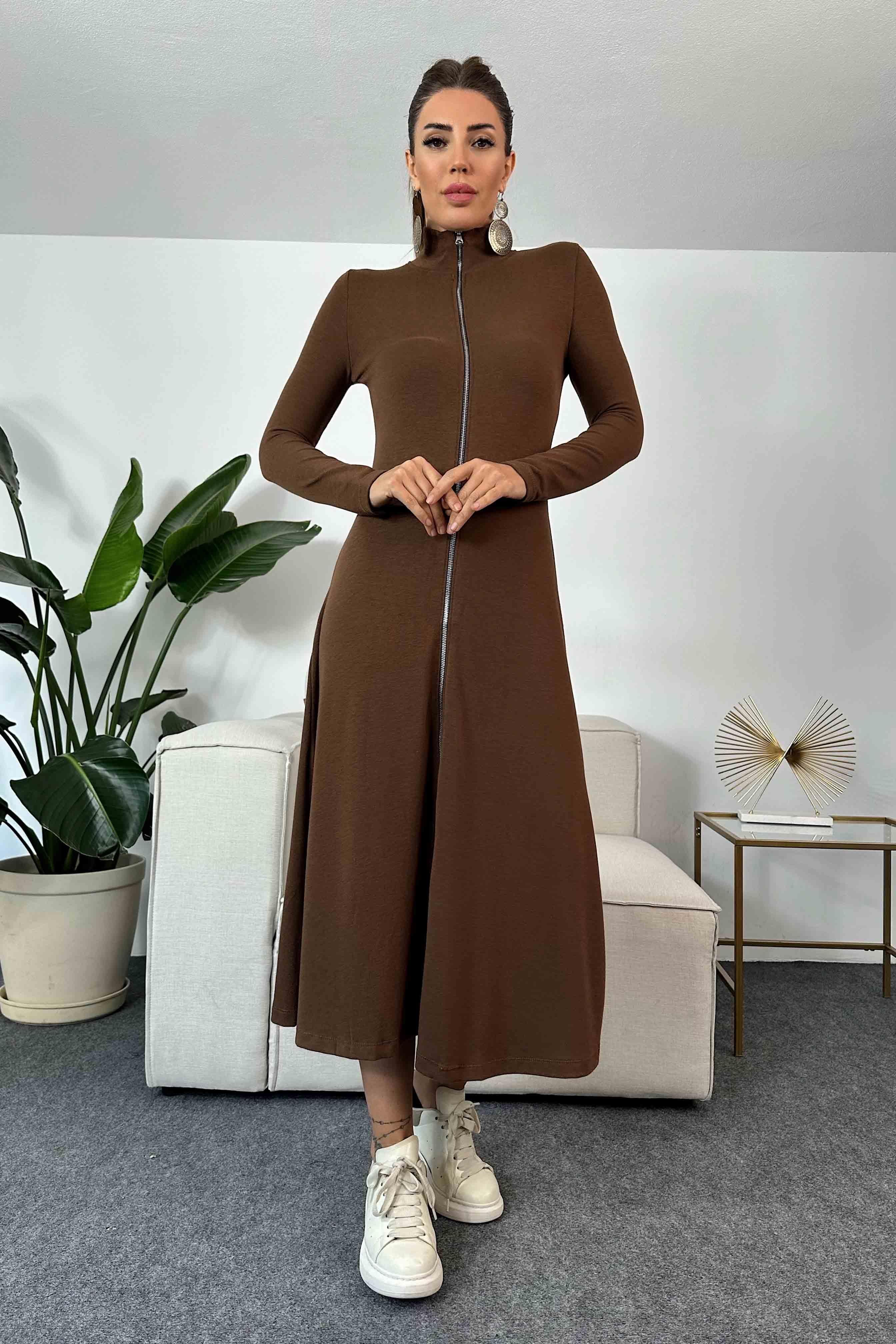 Fermuarlı Maxi Elbise Kahve