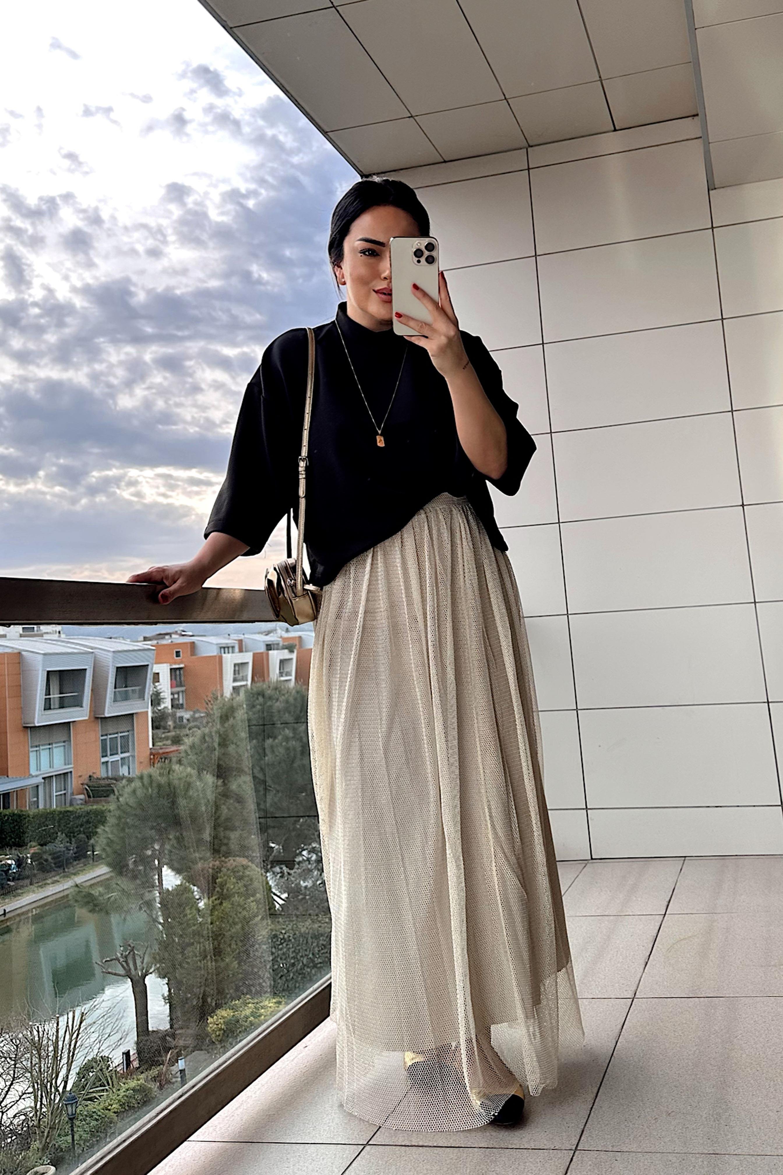 File Kumaş Uzun Etek Krem
