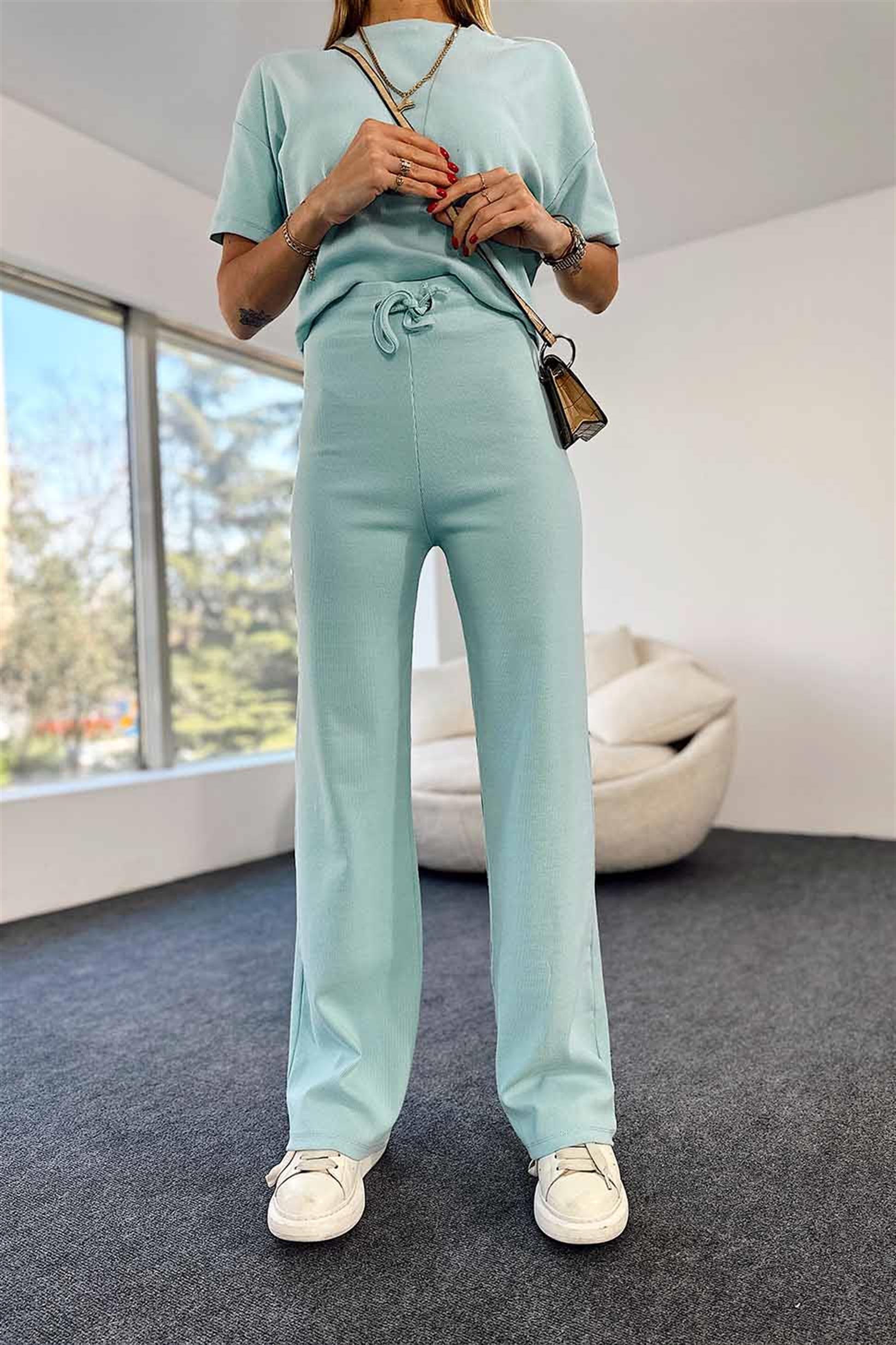 Fitilli Crop Pantolon İkili Kadın Takım Bebe Mavisi