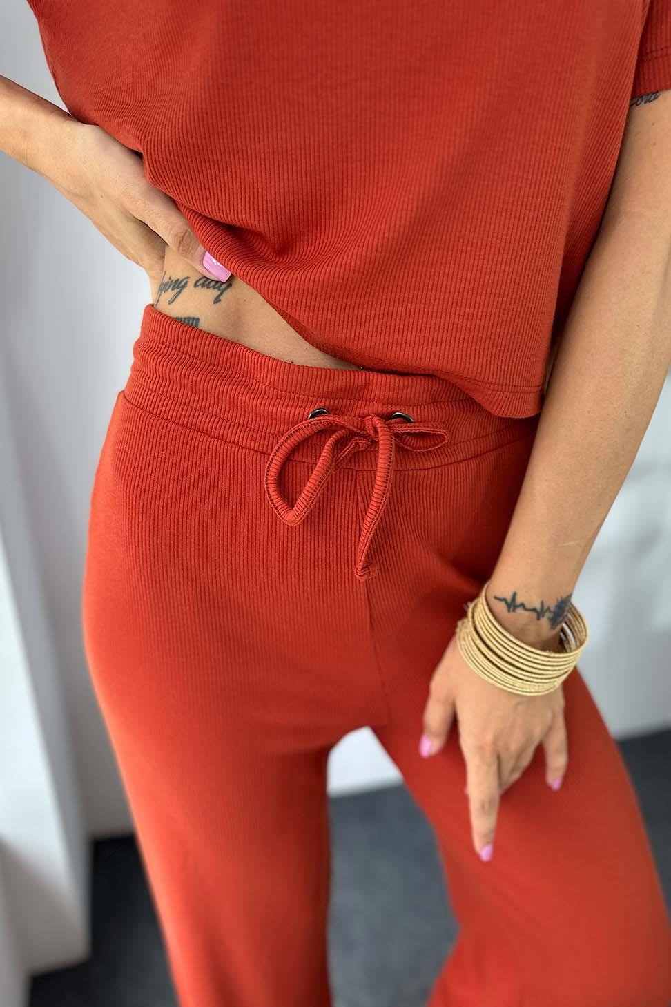 Fitilli Crop Pantolon İkili Kadın Takım Kiremit