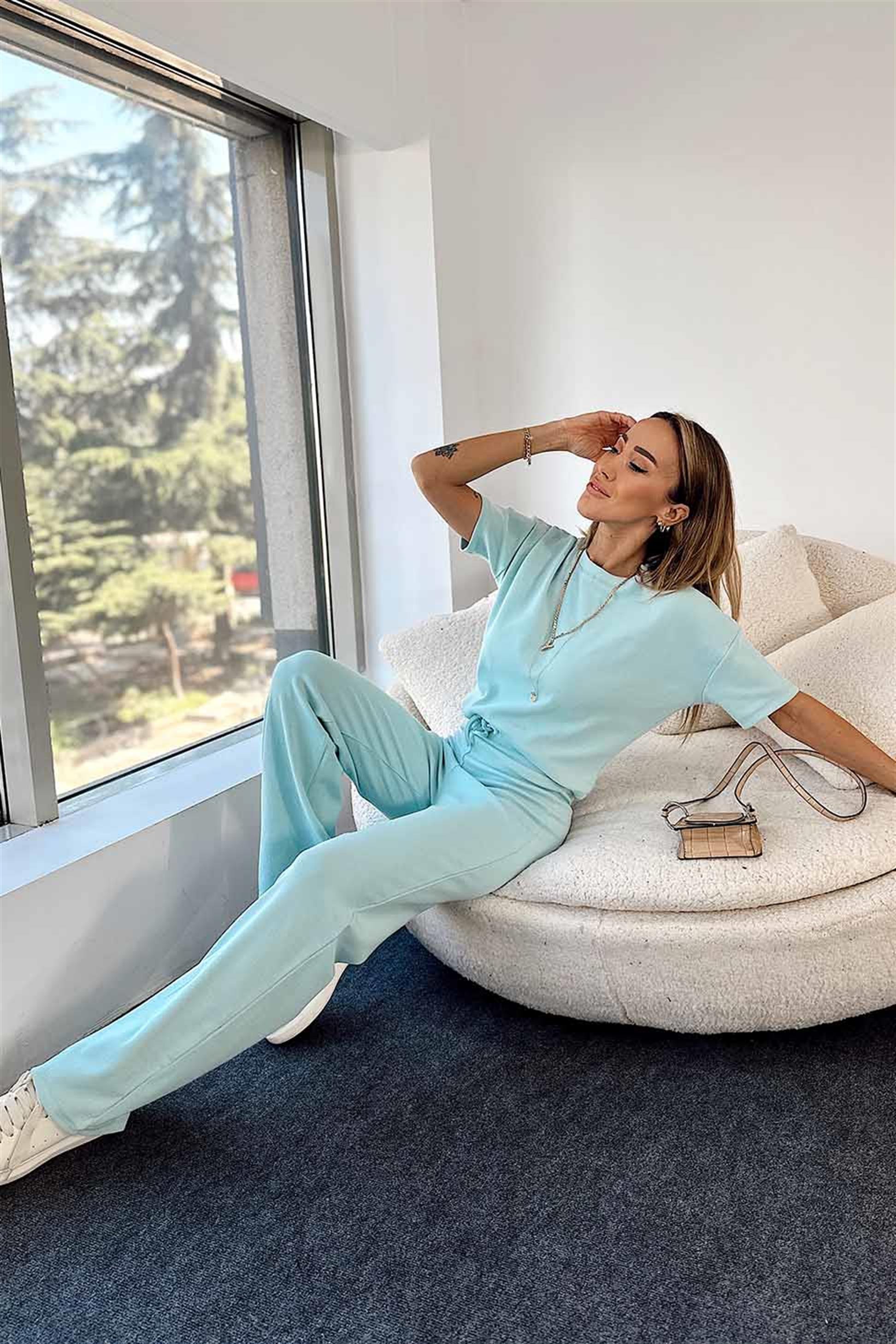 Fitilli Crop Pantolon İkili Kadın Takım Bebe Mavisi