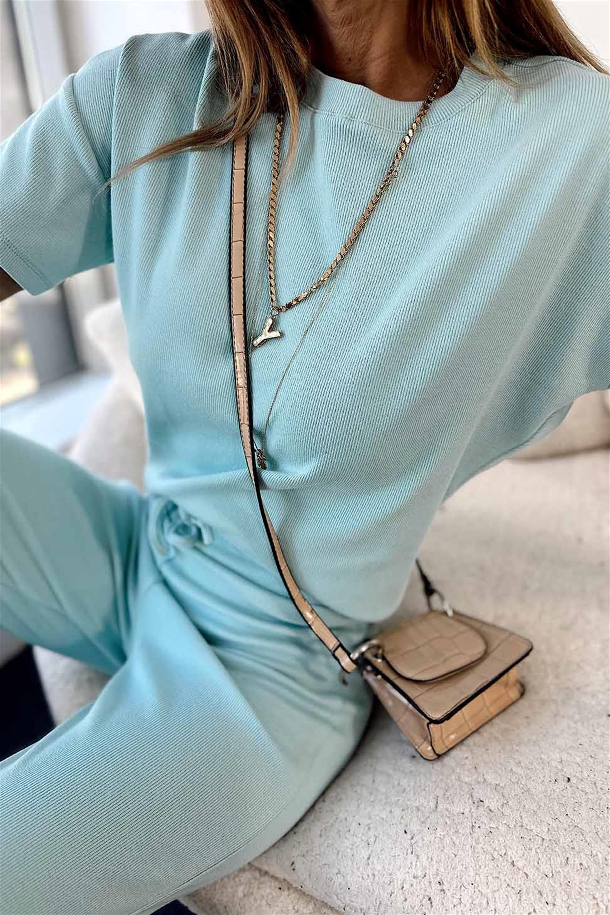 Fitilli Crop Pantolon İkili Kadın Takım Bebe Mavisi