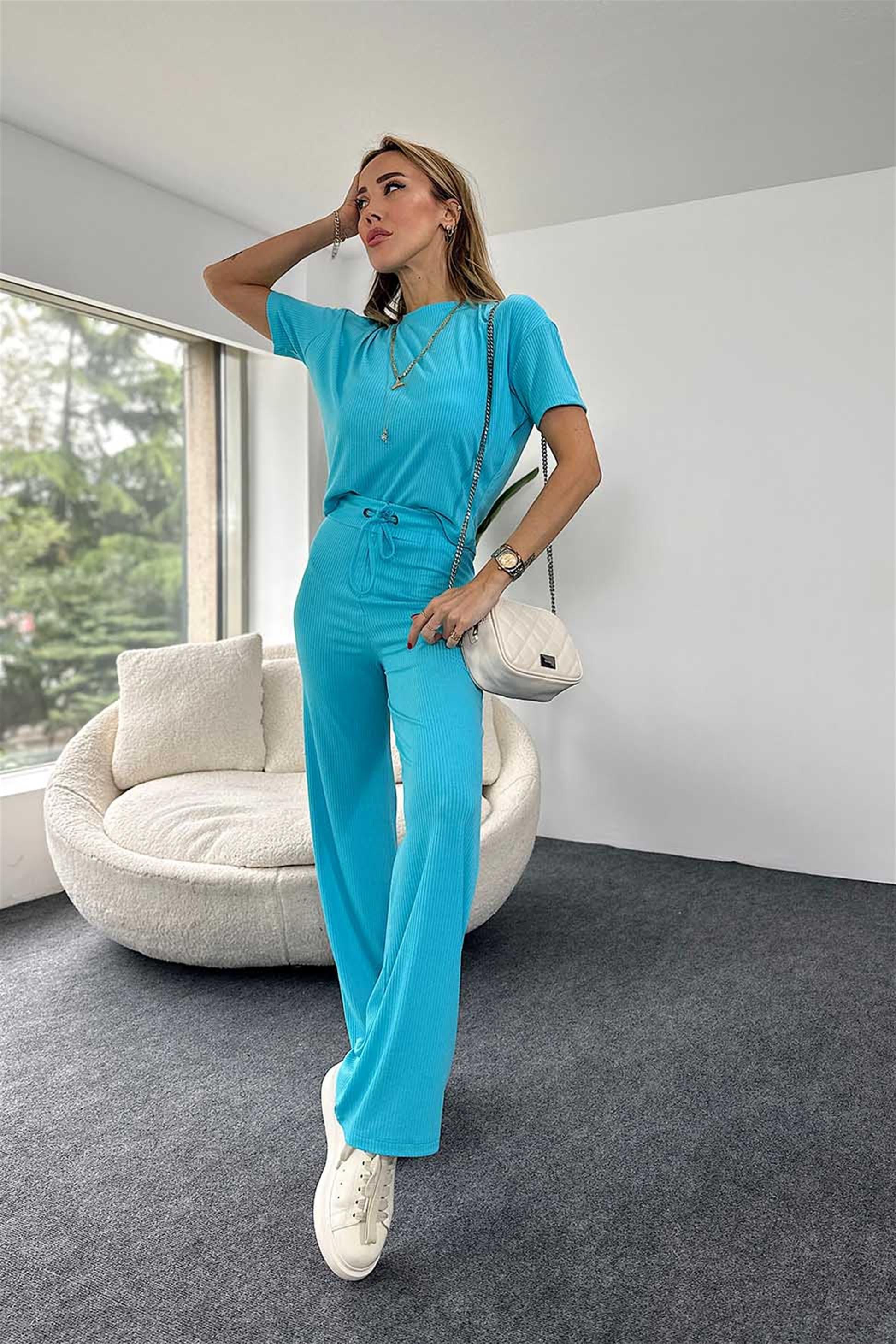 Fitilli Crop Pantolon İkili Kadın Takım Gök Mavisi