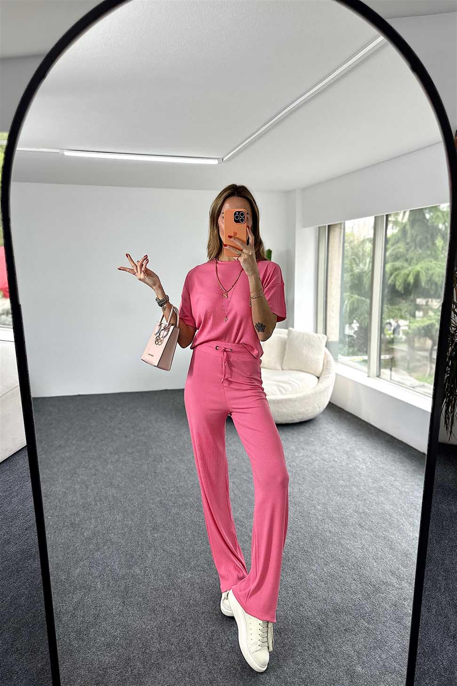 Fitilli Crop Pantolon İkili Kadın Takım Pembe