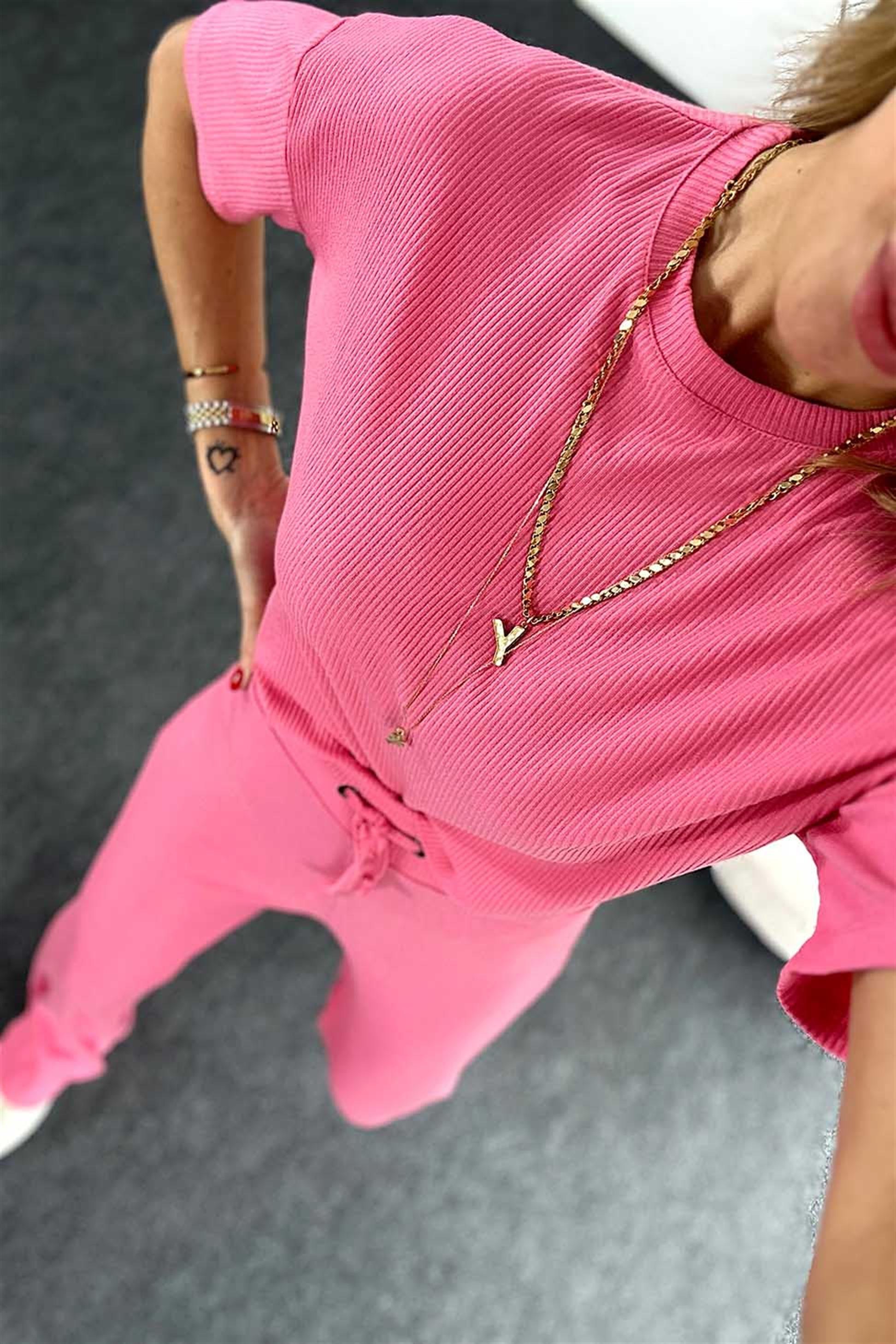 Fitilli Crop Pantolon İkili Kadın Takım Pembe